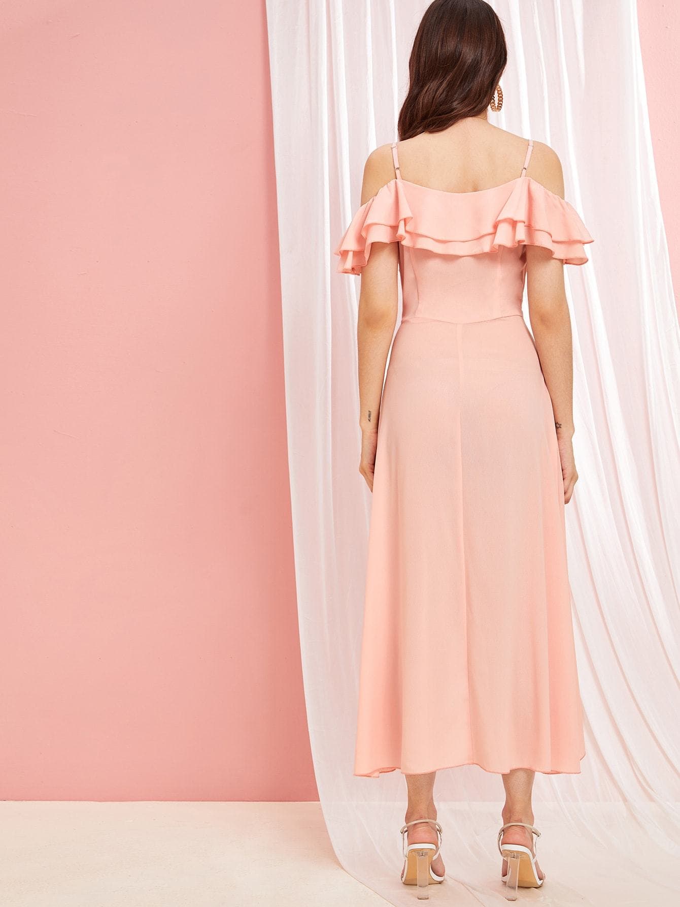 Spaghetti Strap Short Sleeve Tiered Ruffle Trim Tulip Hem Slip Dress