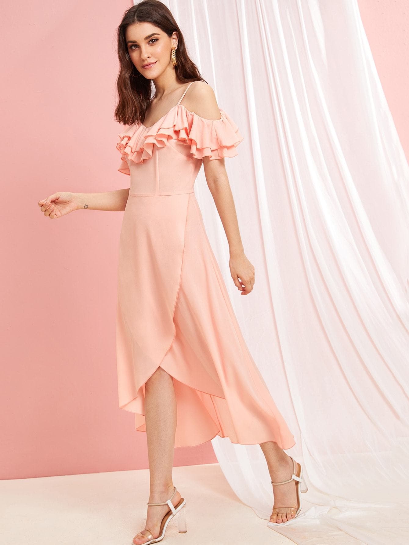 Spaghetti Strap Short Sleeve Tiered Ruffle Trim Tulip Hem Slip Dress