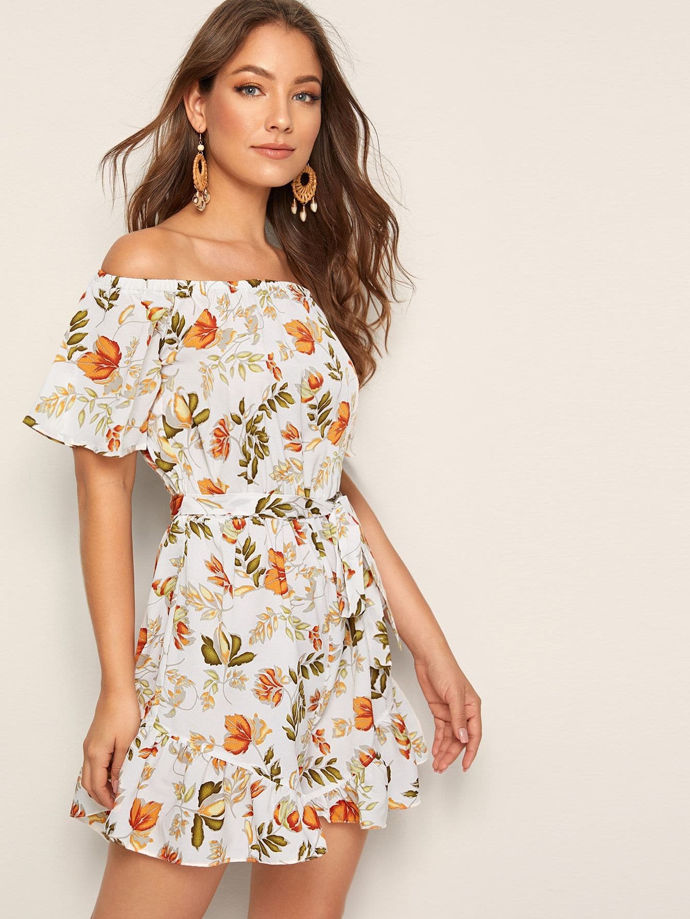 Off Shoulder Short Sleeve Floral Print Ruffle Hem Belted Romper Jumpsuit