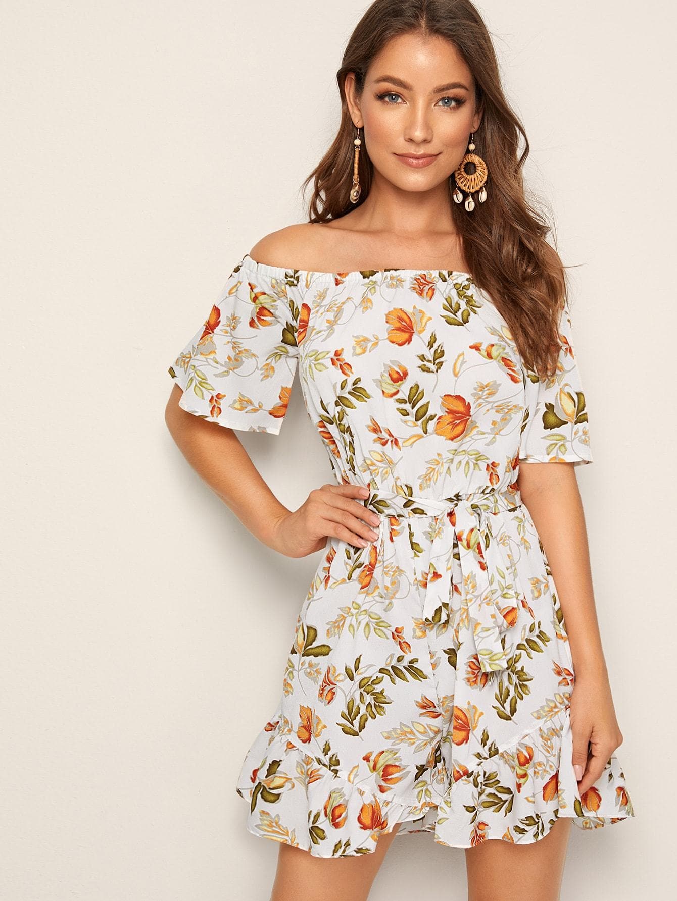 Off Shoulder Short Sleeve Floral Print Ruffle Hem Belted Romper Jumpsuit
