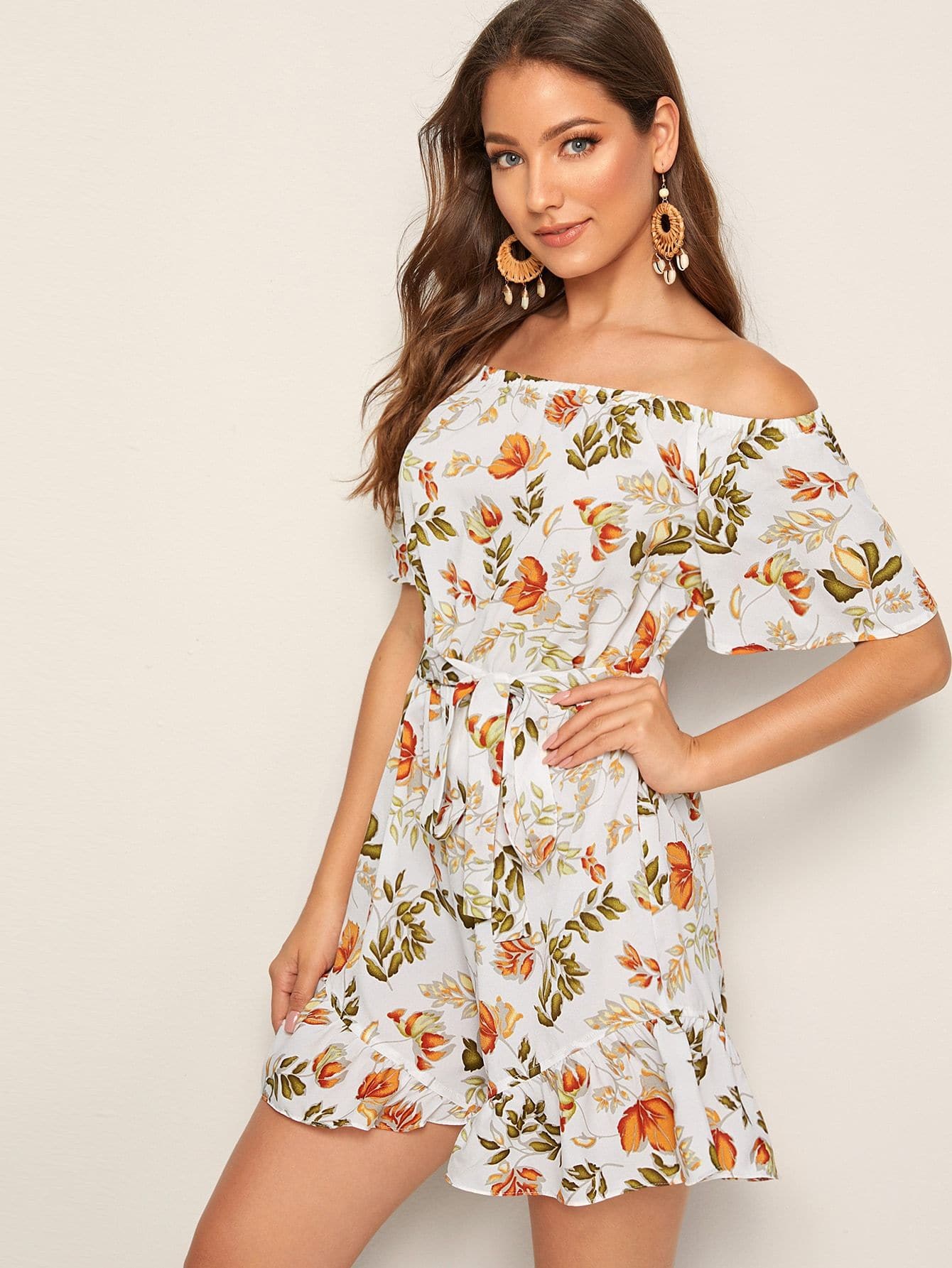 Off Shoulder Short Sleeve Floral Print Ruffle Hem Belted Romper Jumpsuit