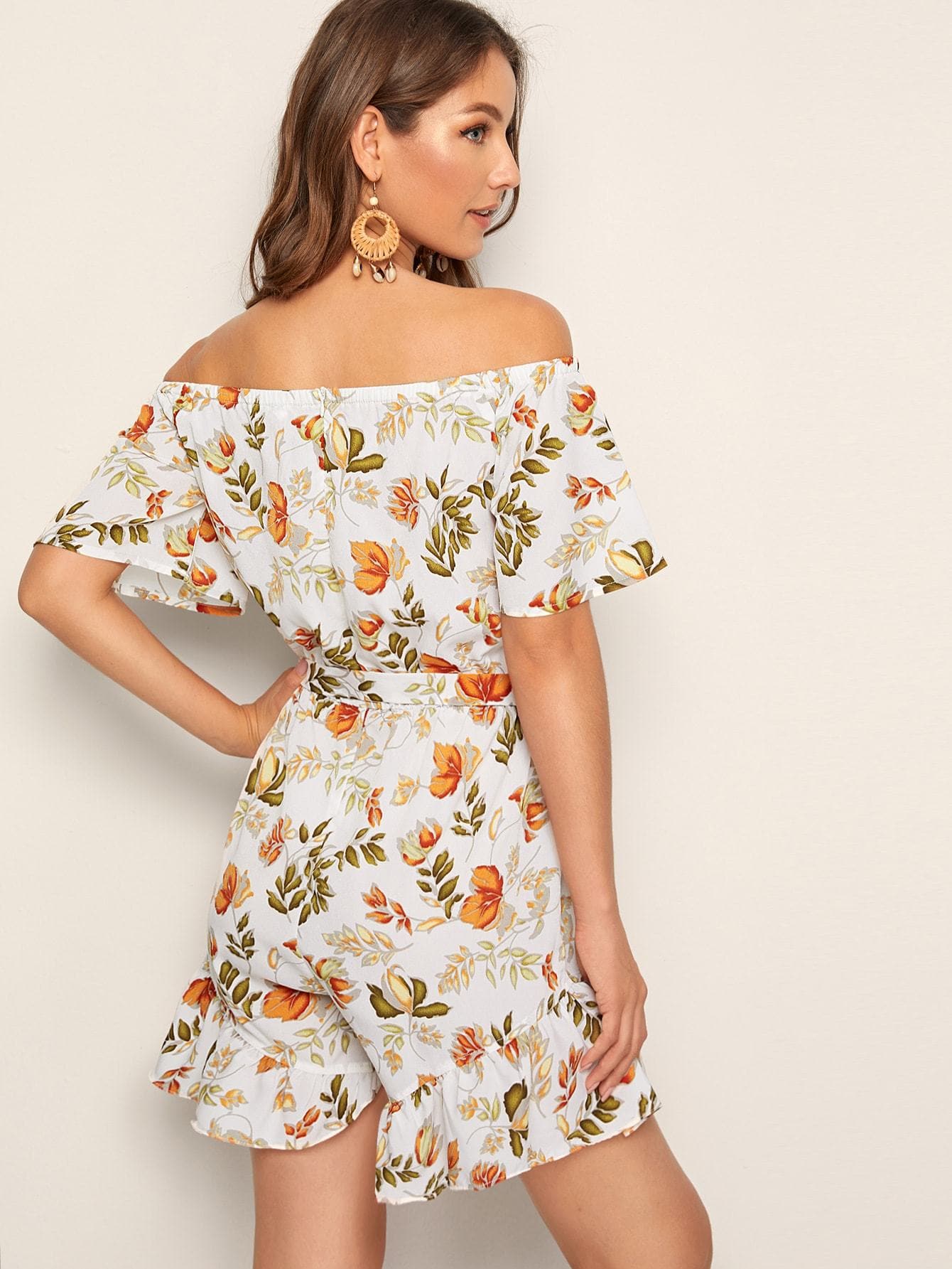 Off Shoulder Short Sleeve Floral Print Ruffle Hem Belted Romper Jumpsuit