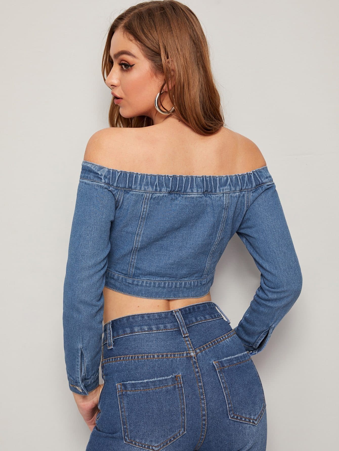 Blue Off Shoulder Slim Fit Single Breasted Button Front Bardot Crop Denim Jacket