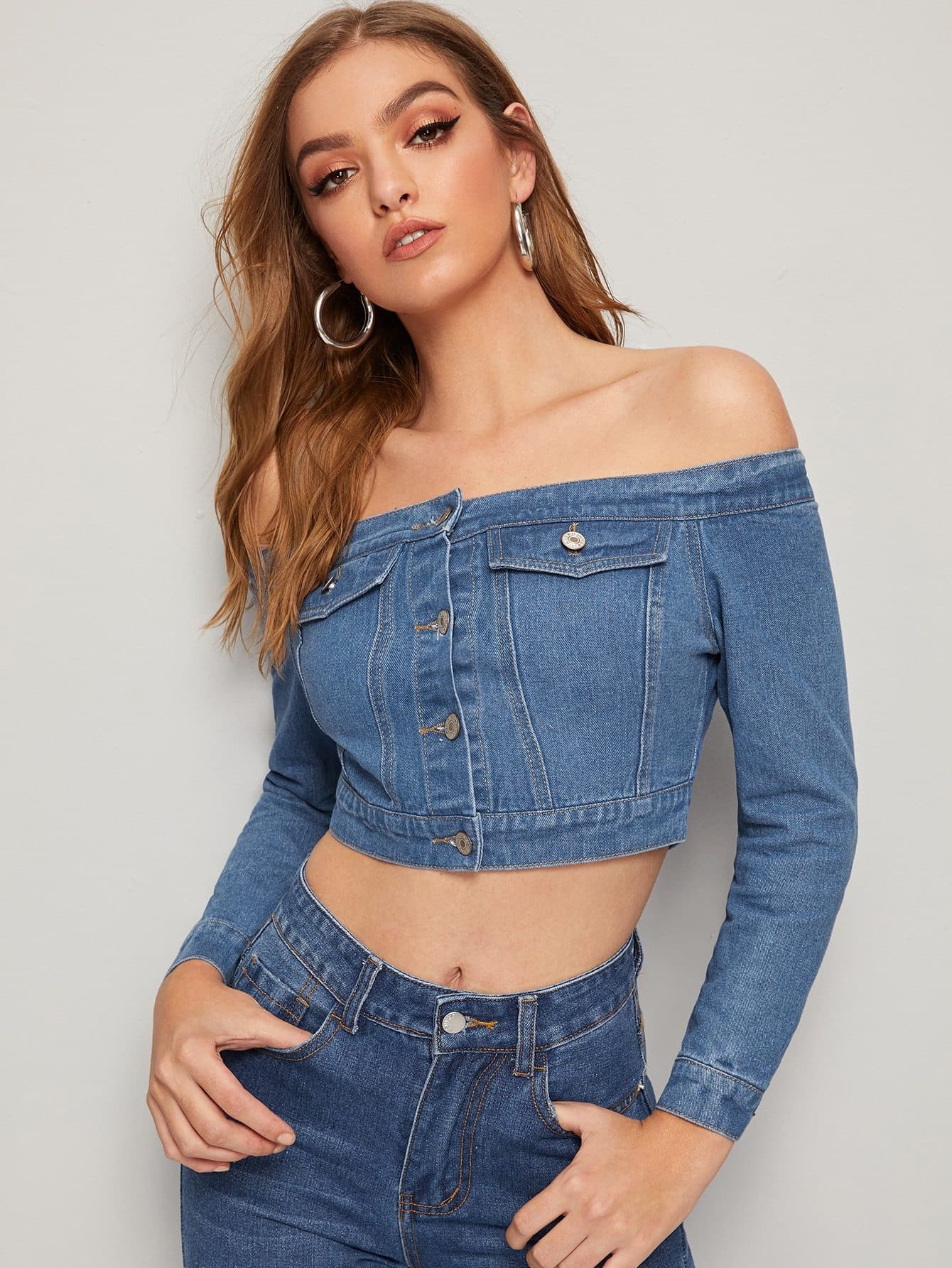 Blue Off Shoulder Slim Fit Single Breasted Button Front Bardot Crop Denim Jacket