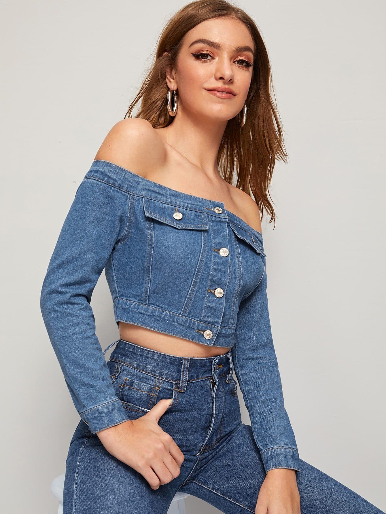 Blue Off Shoulder Slim Fit Single Breasted Button Front Bardot Crop Denim Jacket