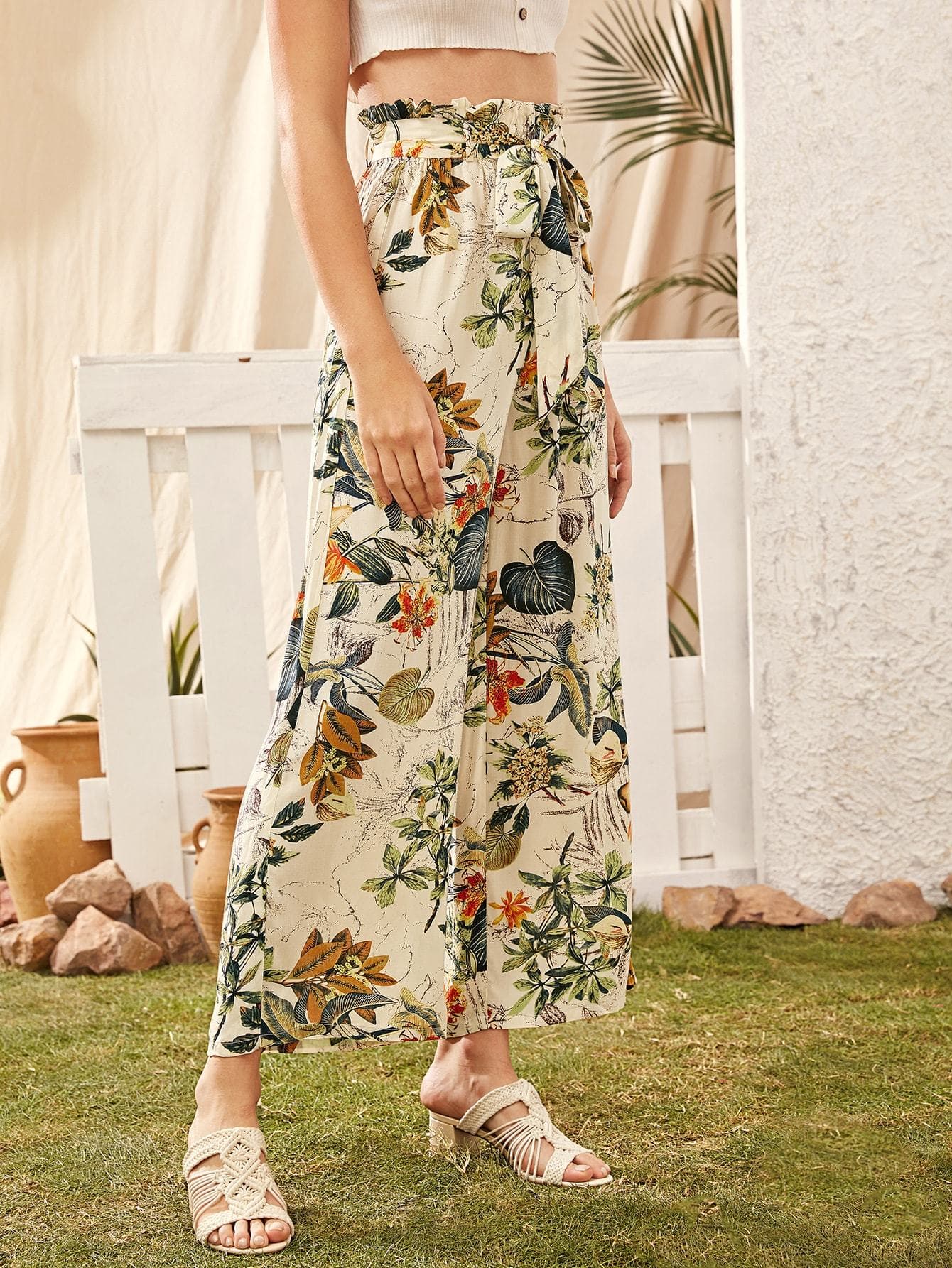 Tropical Botanical Print Paperbag Waist Wide Leg Pants