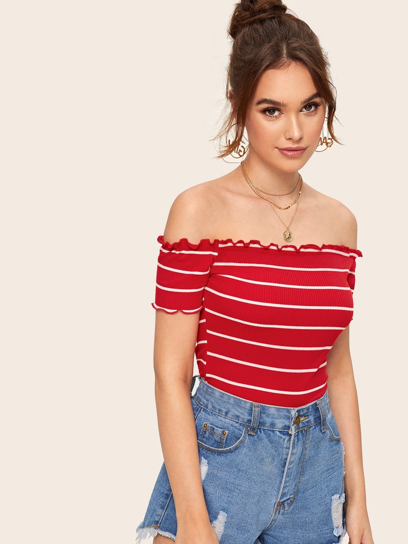 Slim Fit Off Shoulder Lettuce Trim Rib-knit Striped Top