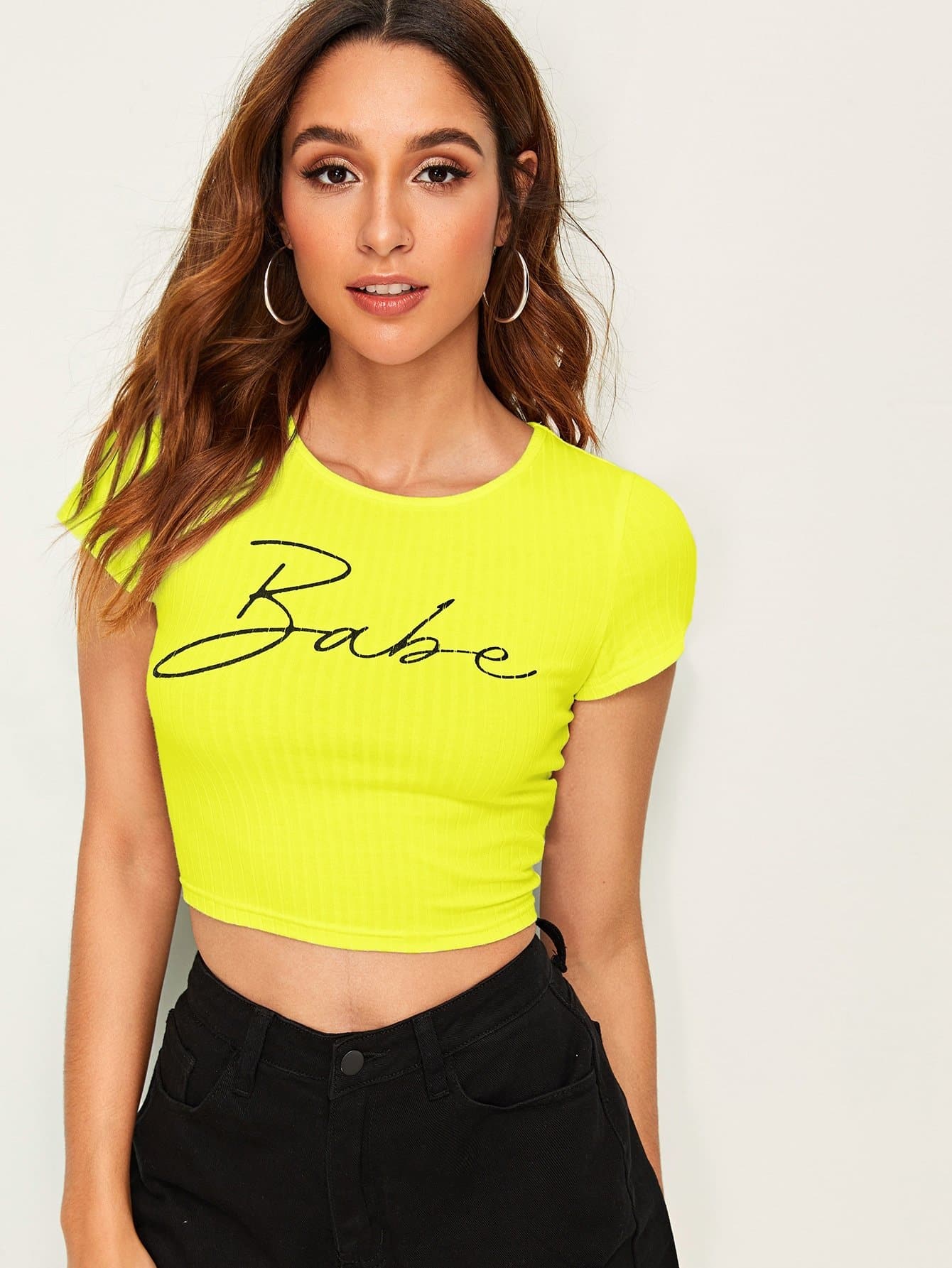Slim Fit Cap Sleeve Round Neck Letter Print Rib-knit Crop Top