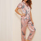 Pink Short Sleeve Crane & Tropical Print Satin Pajama Sleepwear Set