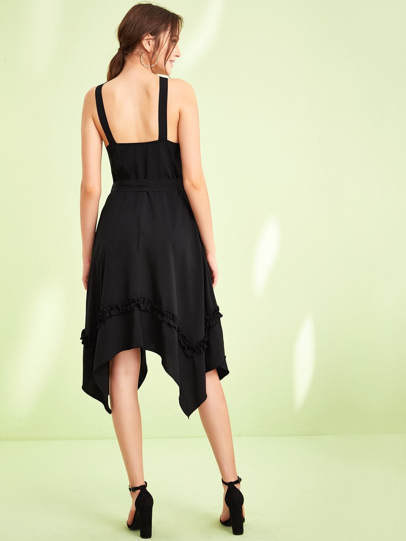 Black Sleeveless Frill Trim Self Belted Hanky Hem Dress
