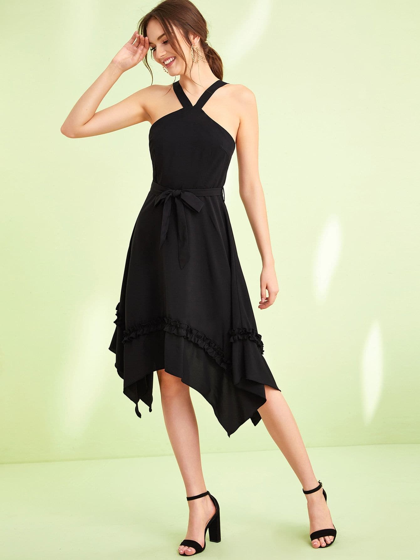 Black Sleeveless Frill Trim Self Belted Hanky Hem Dress