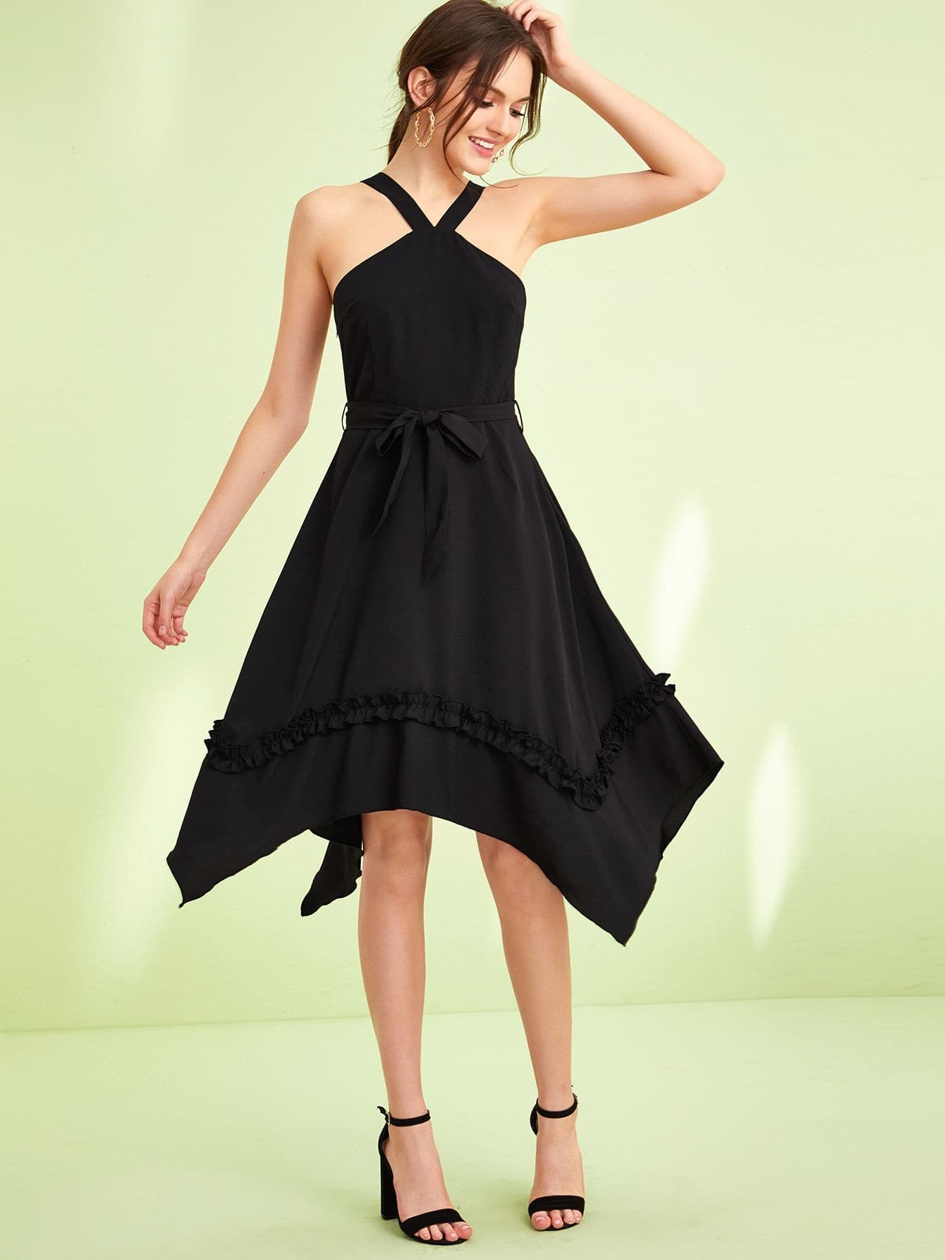 Black Sleeveless Frill Trim Self Belted Hanky Hem Dress