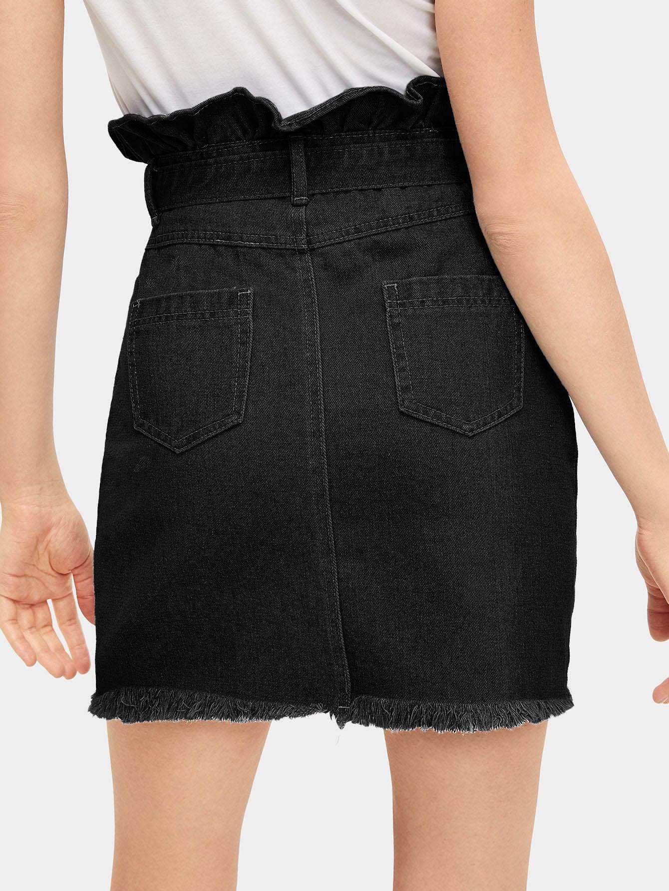 Belted Tie Waist Raw Hem Ruffle Denim Above Knee Short Skirt