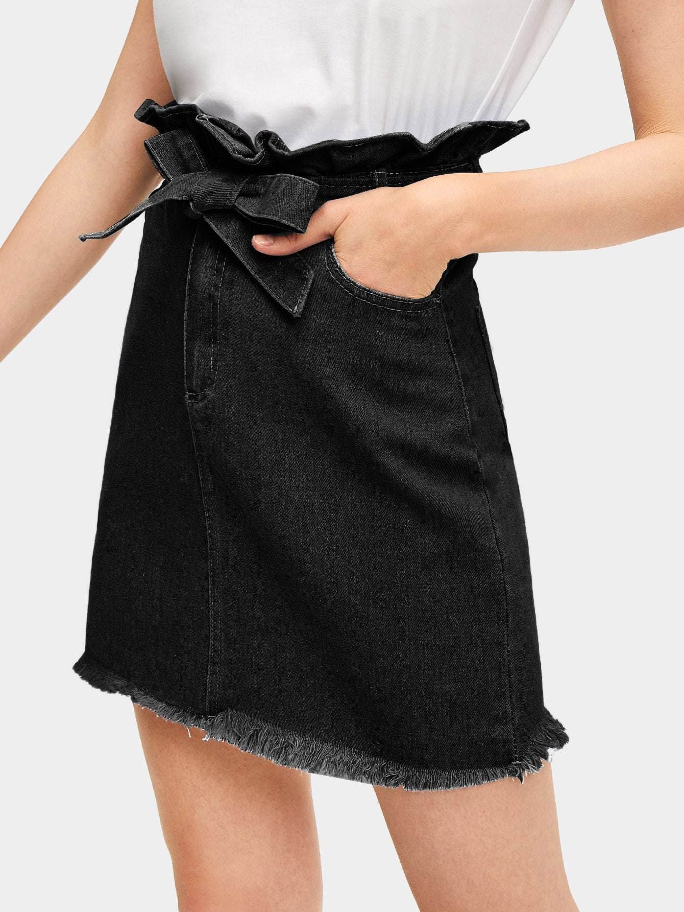 Belted Tie Waist Raw Hem Ruffle Denim Above Knee Short Skirt