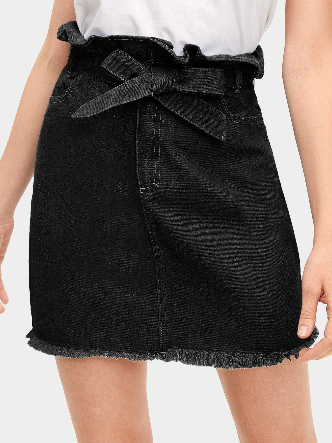 Belted Tie Waist Raw Hem Ruffle Denim Above Knee Short Skirt