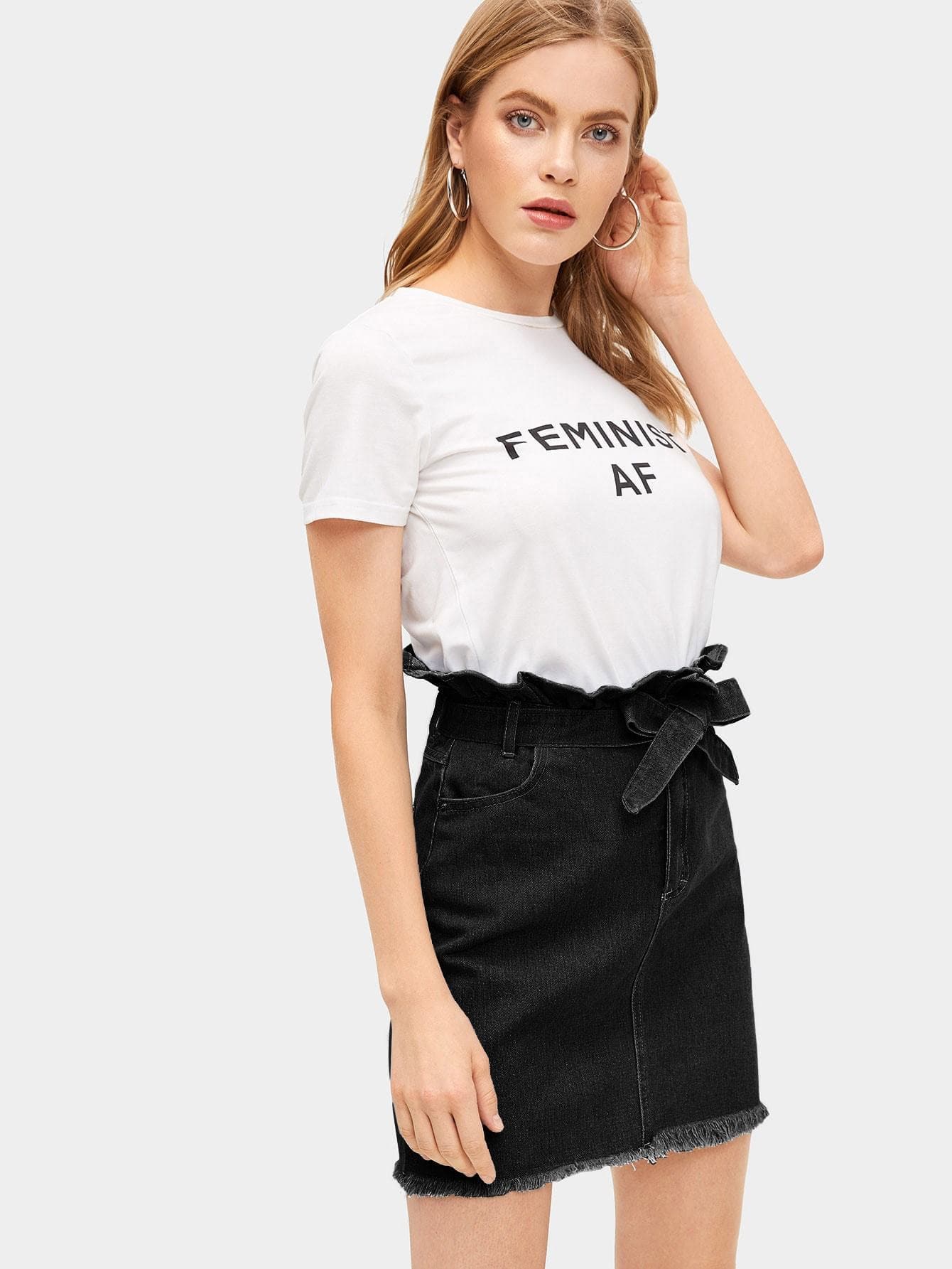 Belted Tie Waist Raw Hem Ruffle Denim Above Knee Short Skirt