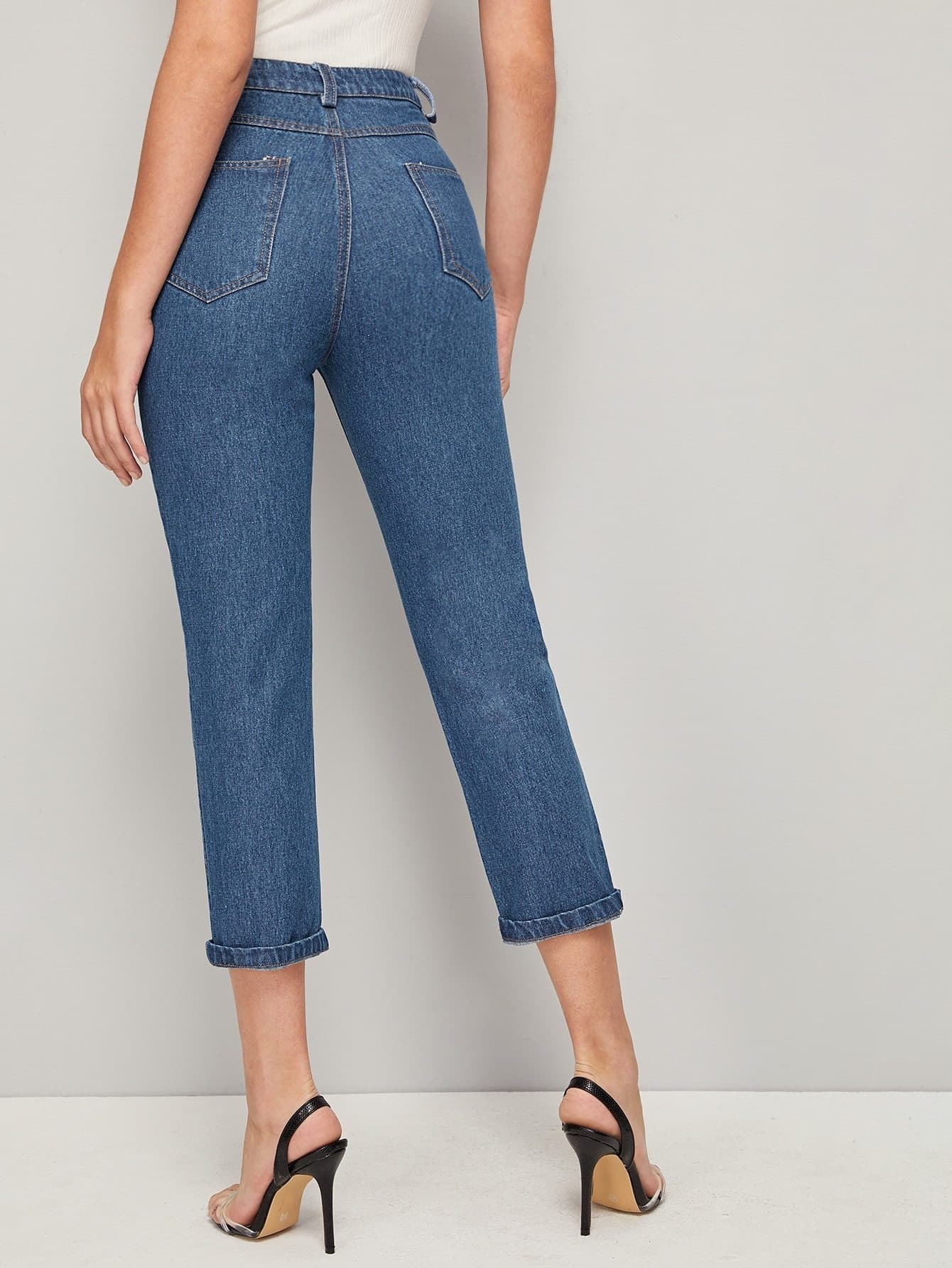 Topstitching Blue Roll Up Hem Straight Jeans