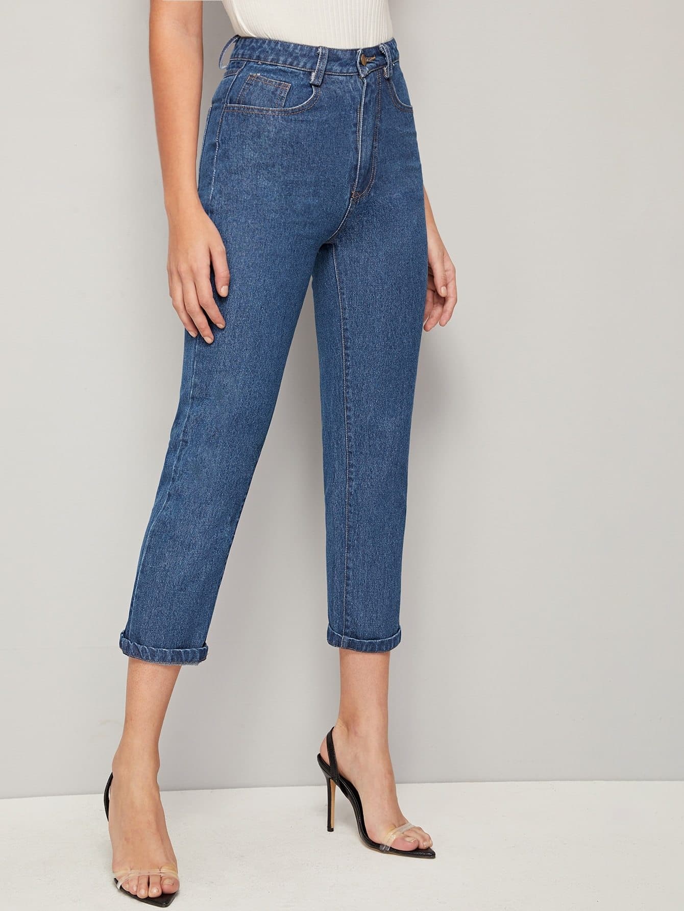 Topstitching Blue Roll Up Hem Straight Jeans