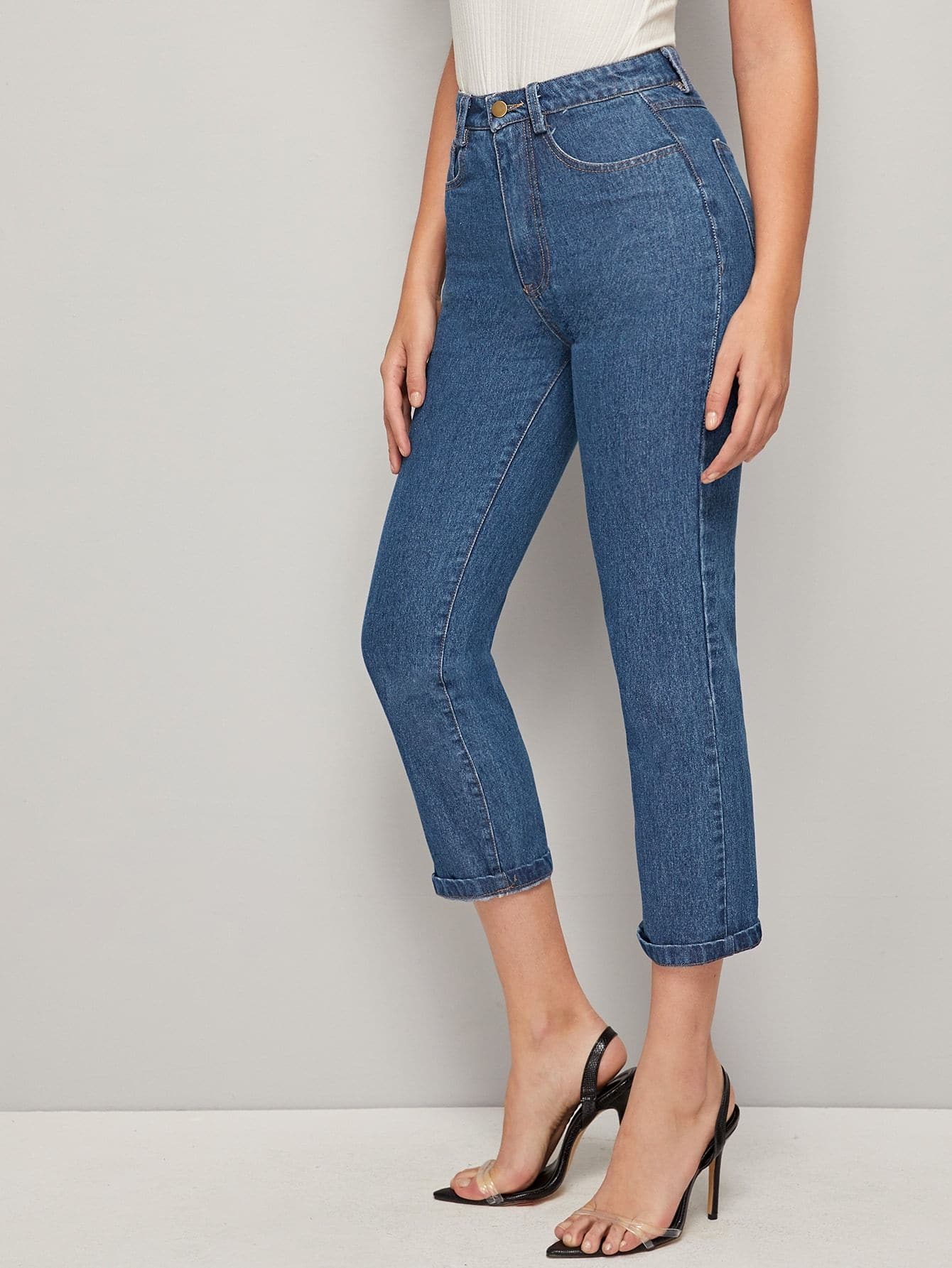 Topstitching Blue Roll Up Hem Straight Jeans