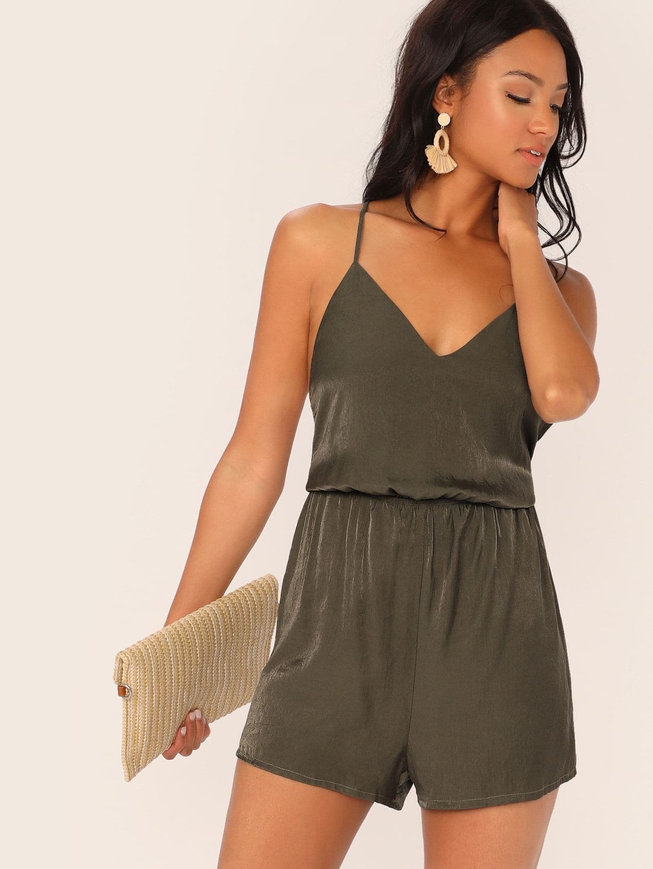 Army Green V-Neck Spaghetti Strap Crisscross Knot Backless Blouson Slip Mini Romper Jumpsuit