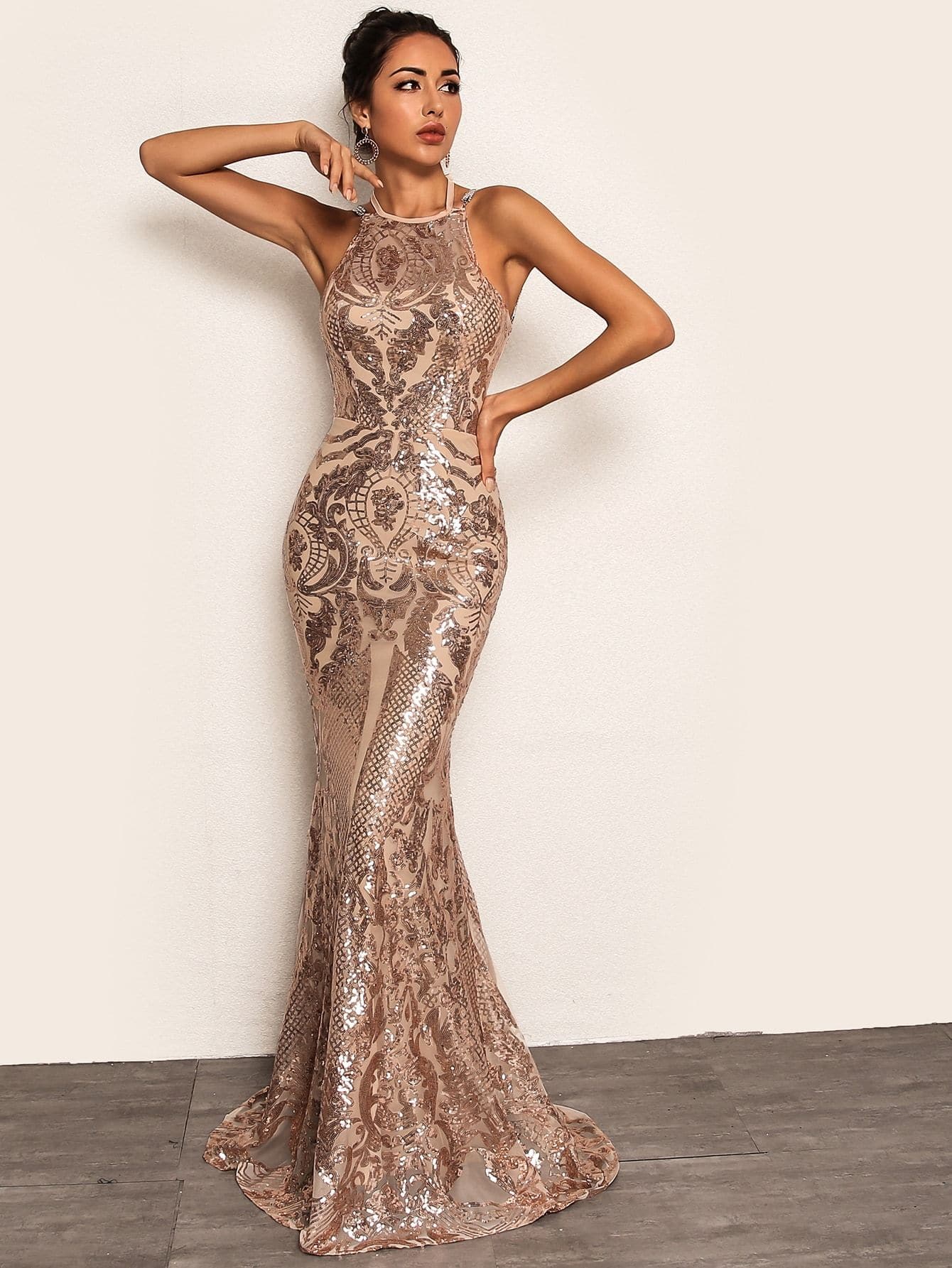 Pink Backless Sleeveless Tie Back Chain Detail Fishtail Hem Sequin Dress