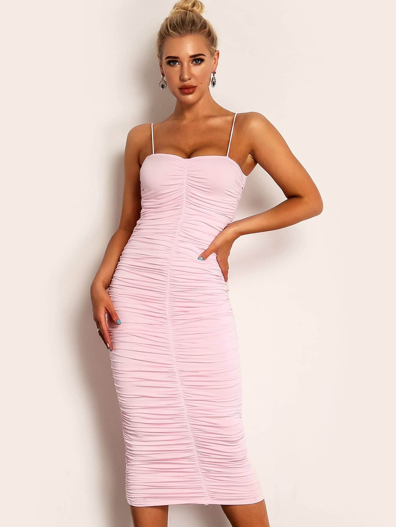 Pastel Pink Spaghetti Strap Sleeveless Sweetheart Neck Ruched Cami Pencil Dress
