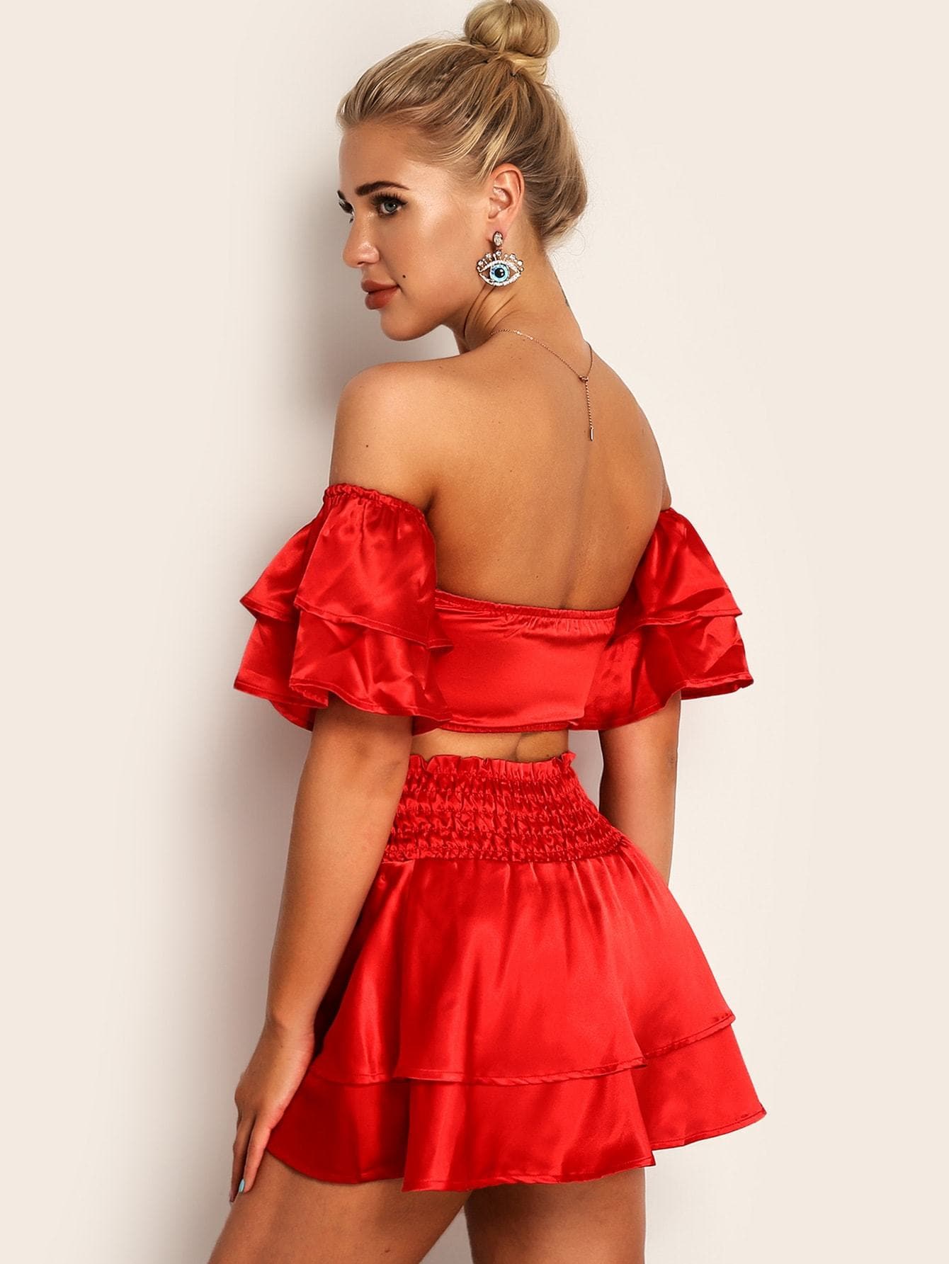Bright Red Tie Front Satin Short Butterfly Sleeve Off Shoulder Bardot Top Flippy Skirt Set