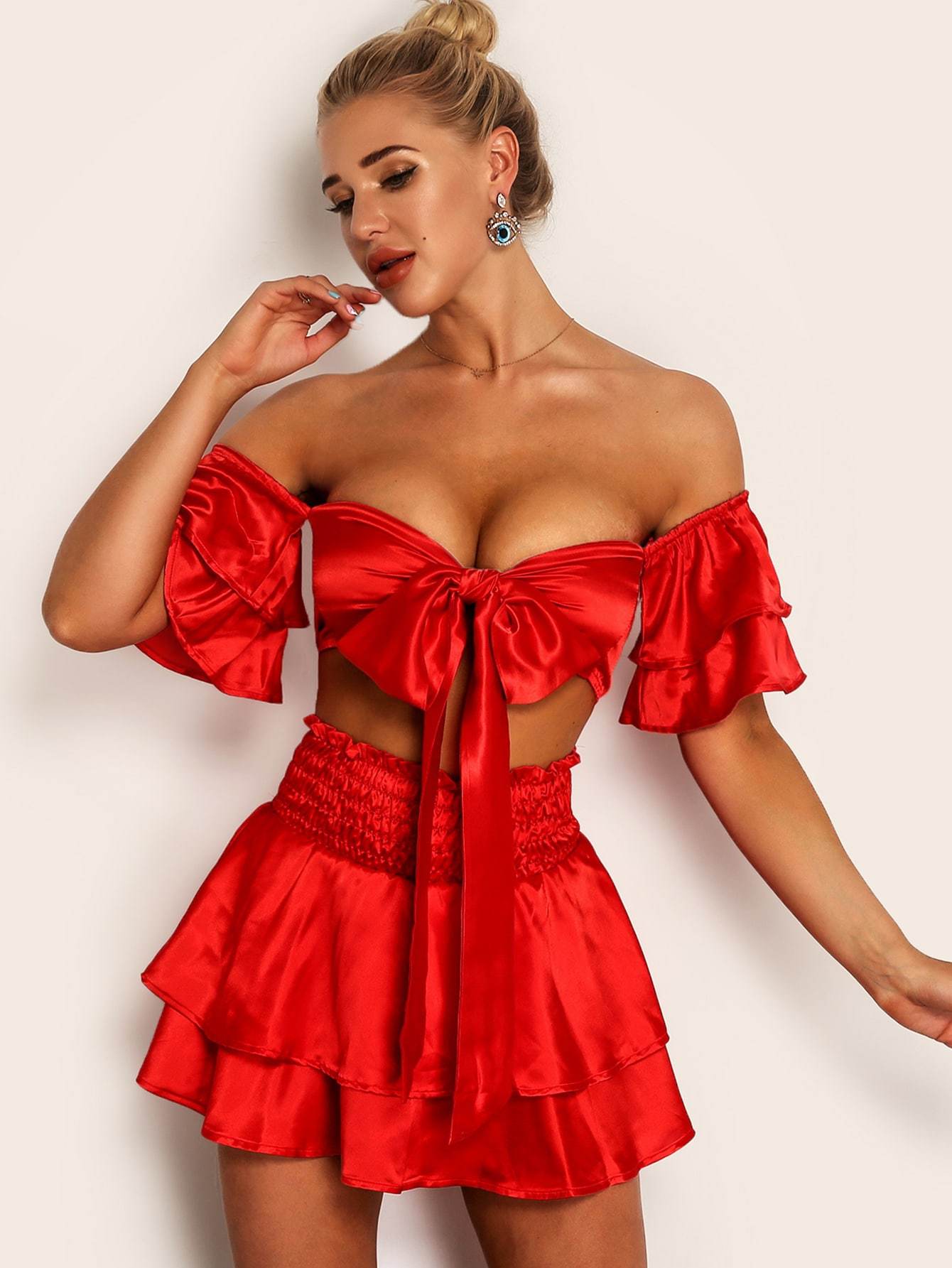 Bright Red Tie Front Satin Short Butterfly Sleeve Off Shoulder Bardot Top Flippy Skirt Set