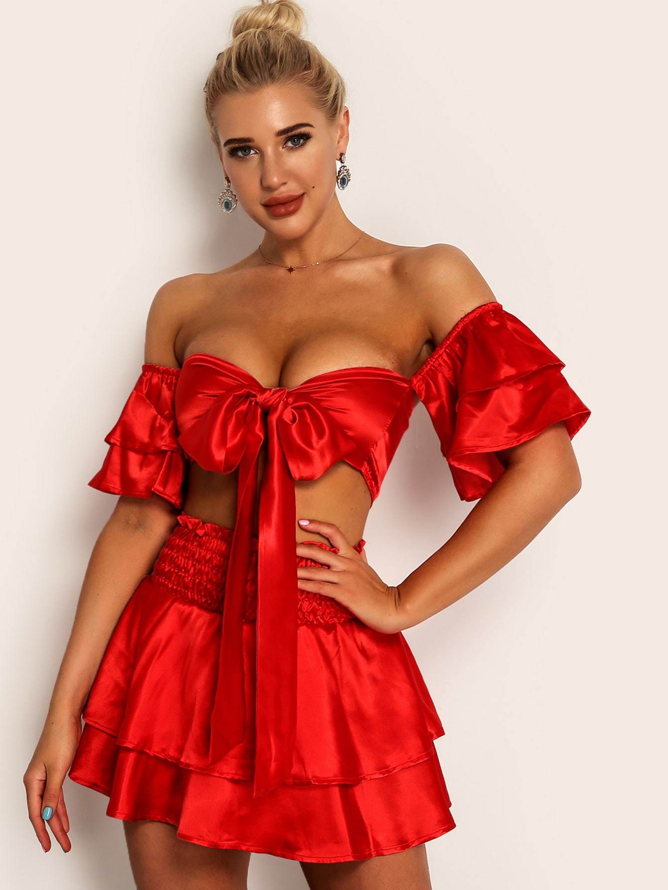 Bright Red Tie Front Satin Short Butterfly Sleeve Off Shoulder Bardot Top Flippy Skirt Set