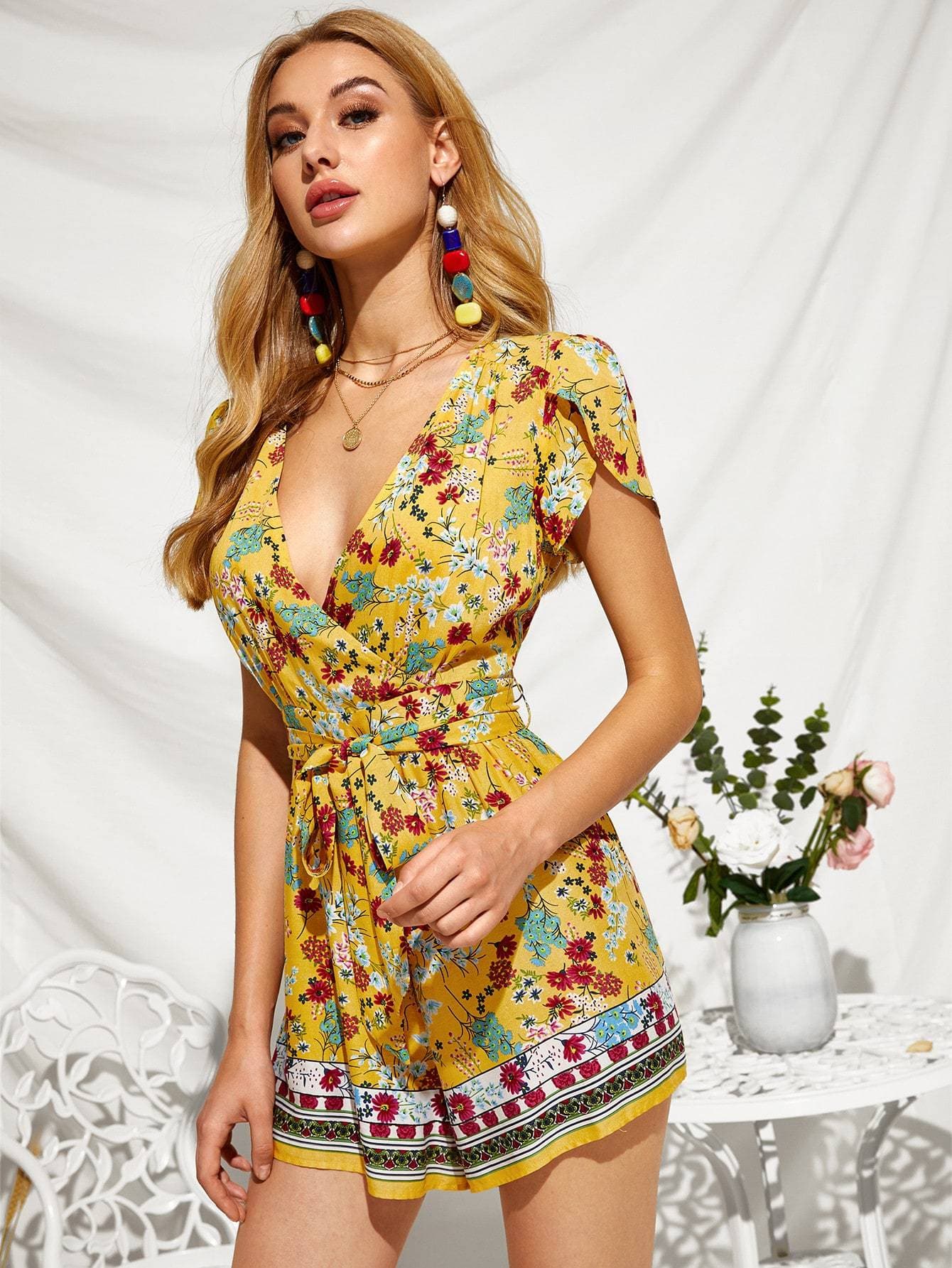 Yellow Short Sleeve Floral Print Plunging Neck Self Belted Playsuit Jumpsuit