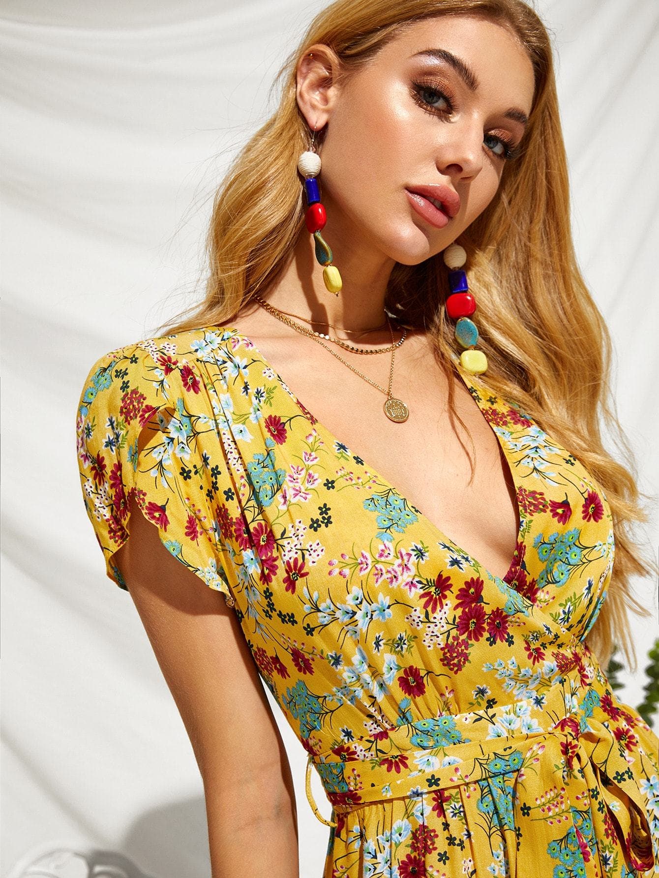 Yellow Short Sleeve Floral Print Plunging Neck Self Belted Playsuit Jumpsuit