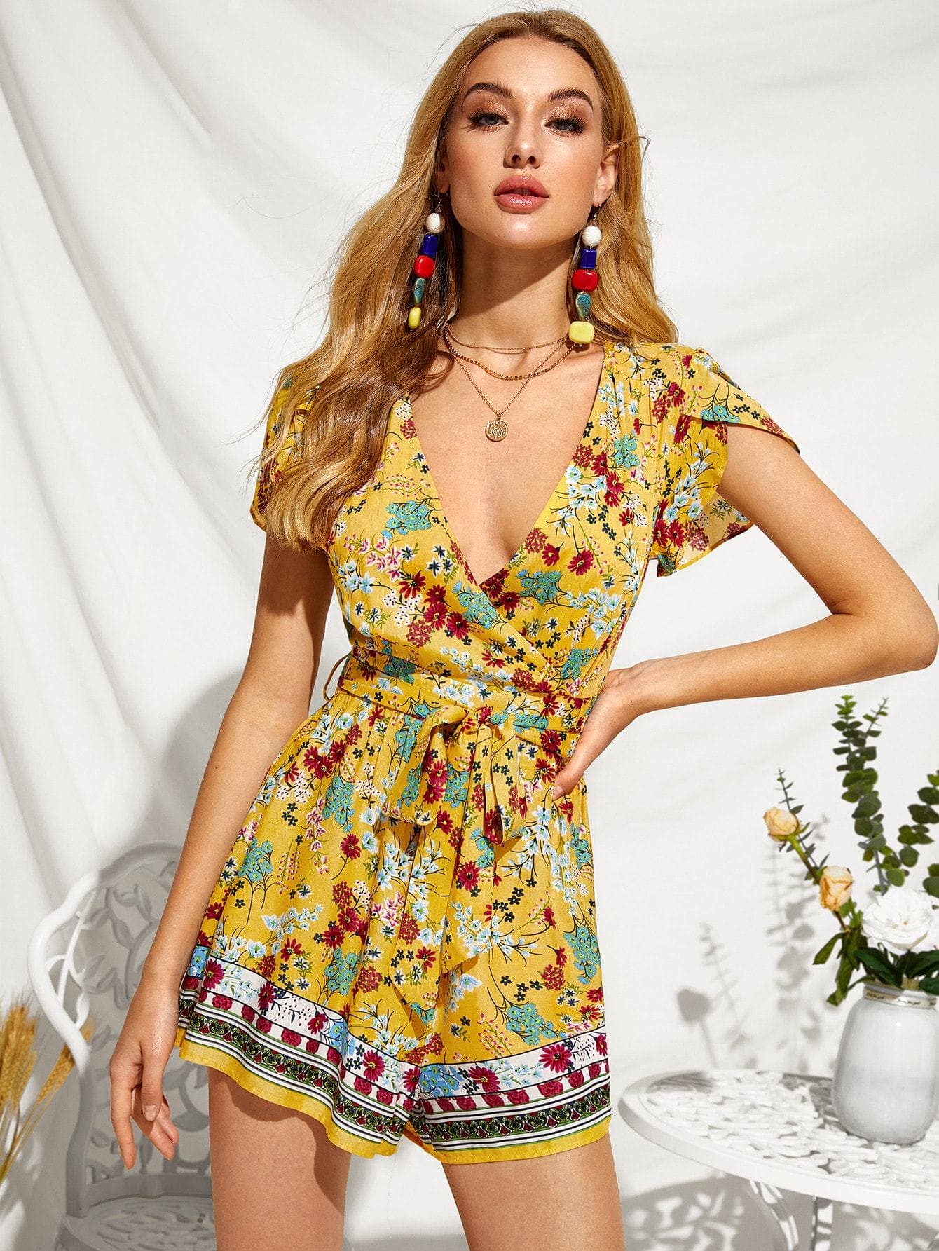 Yellow Short Sleeve Floral Print Plunging Neck Self Belted Playsuit Jumpsuit