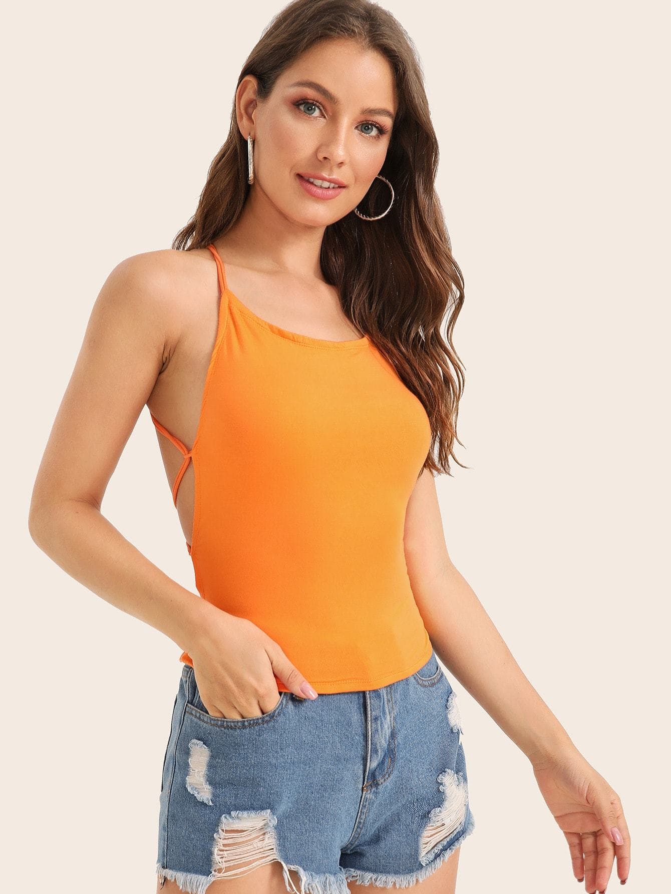 Slim Fit Backless Spaghetti Strap Lace Up Back Halter Top