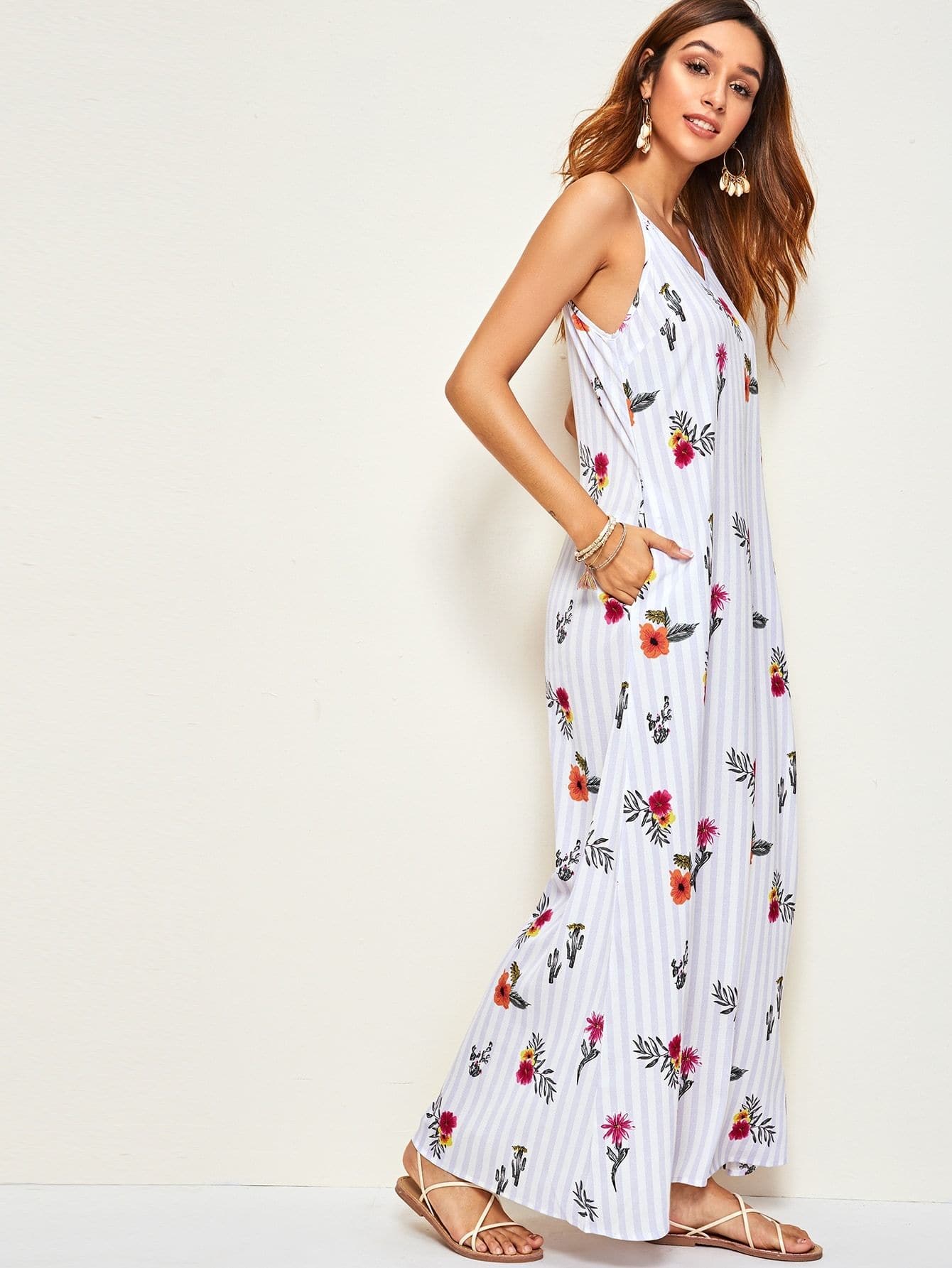 Spaghetti Strap Sleeveless Floral & Striped Print Slant Pocket Maxi Cami Dress