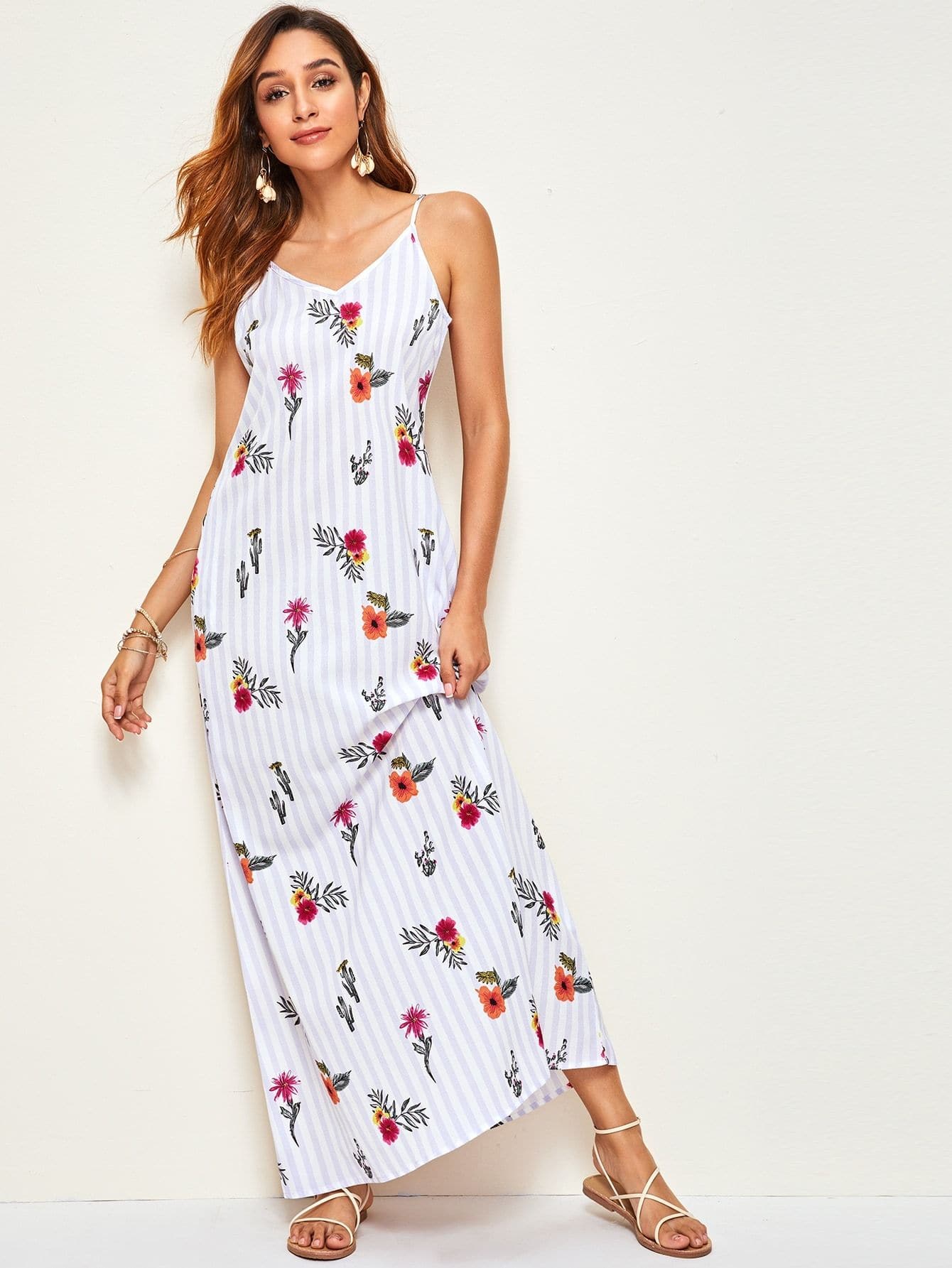 Spaghetti Strap Sleeveless Floral & Striped Print Slant Pocket Maxi Cami Dress