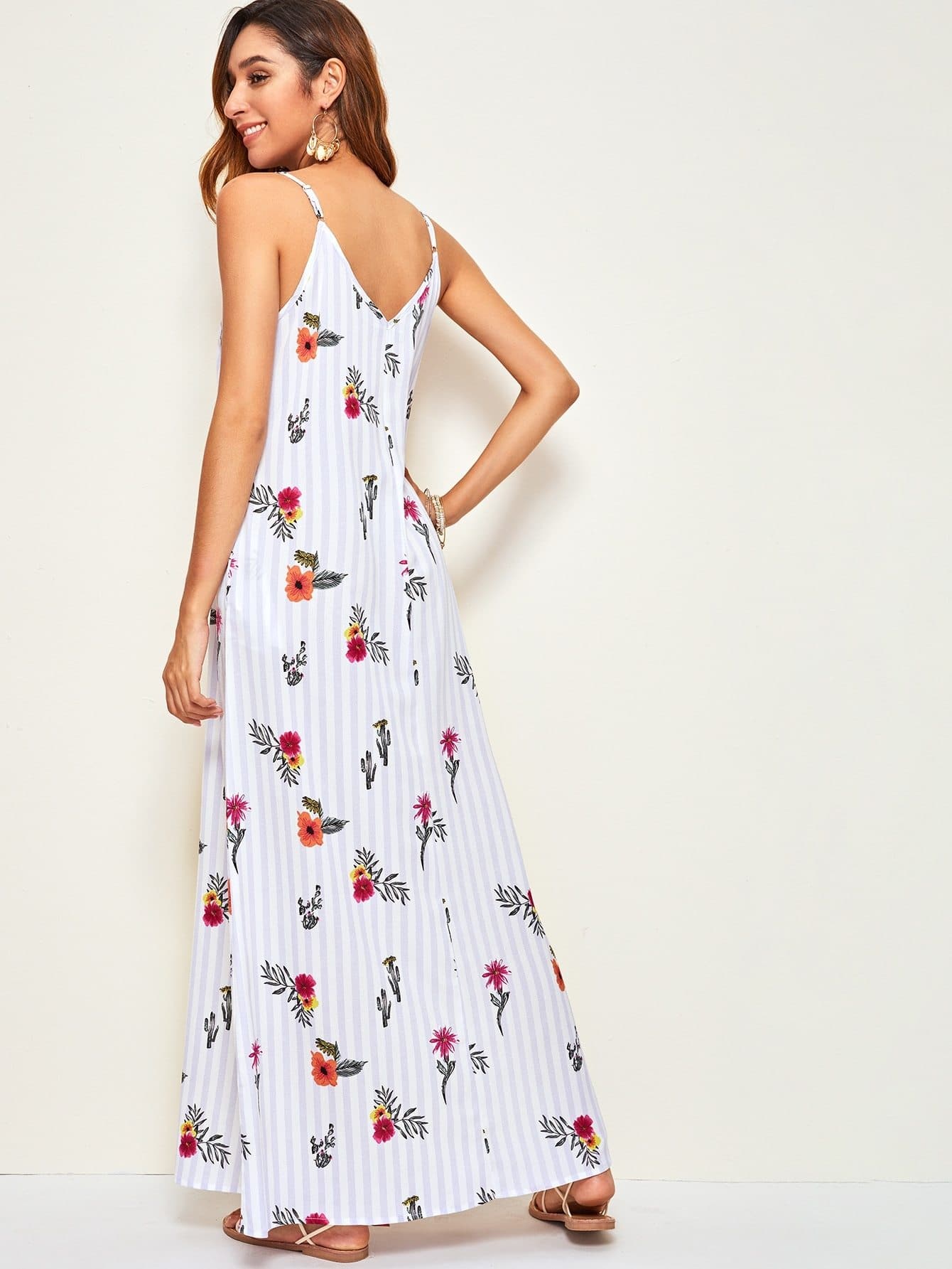 Spaghetti Strap Sleeveless Floral & Striped Print Slant Pocket Maxi Cami Dress
