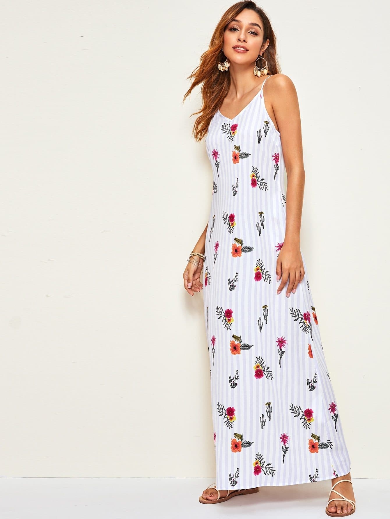 Spaghetti Strap Sleeveless Floral & Striped Print Slant Pocket Maxi Cami Dress