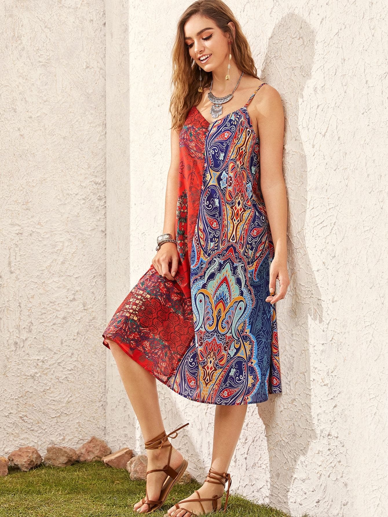 Colorblock V-Neck Spaghetti Strap Sleeveless Long Tribal Print Slip Dress