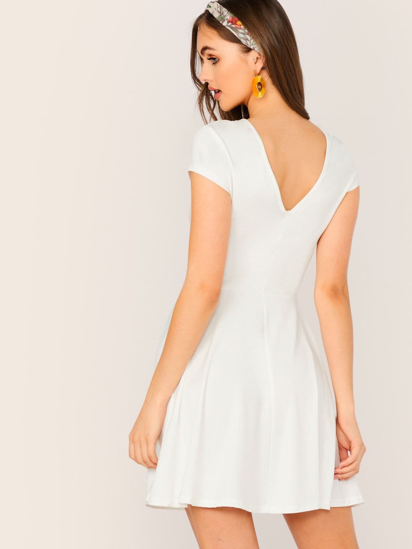 Round Neck High Waist V Back Cap Sleeve Fit & Flare Dress