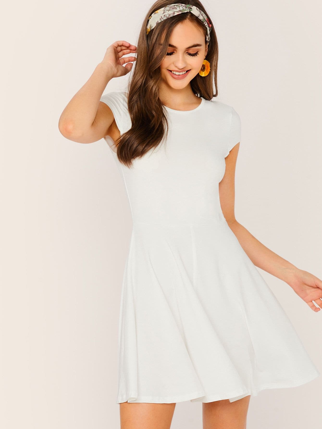 Round Neck High Waist V Back Cap Sleeve Fit & Flare Dress