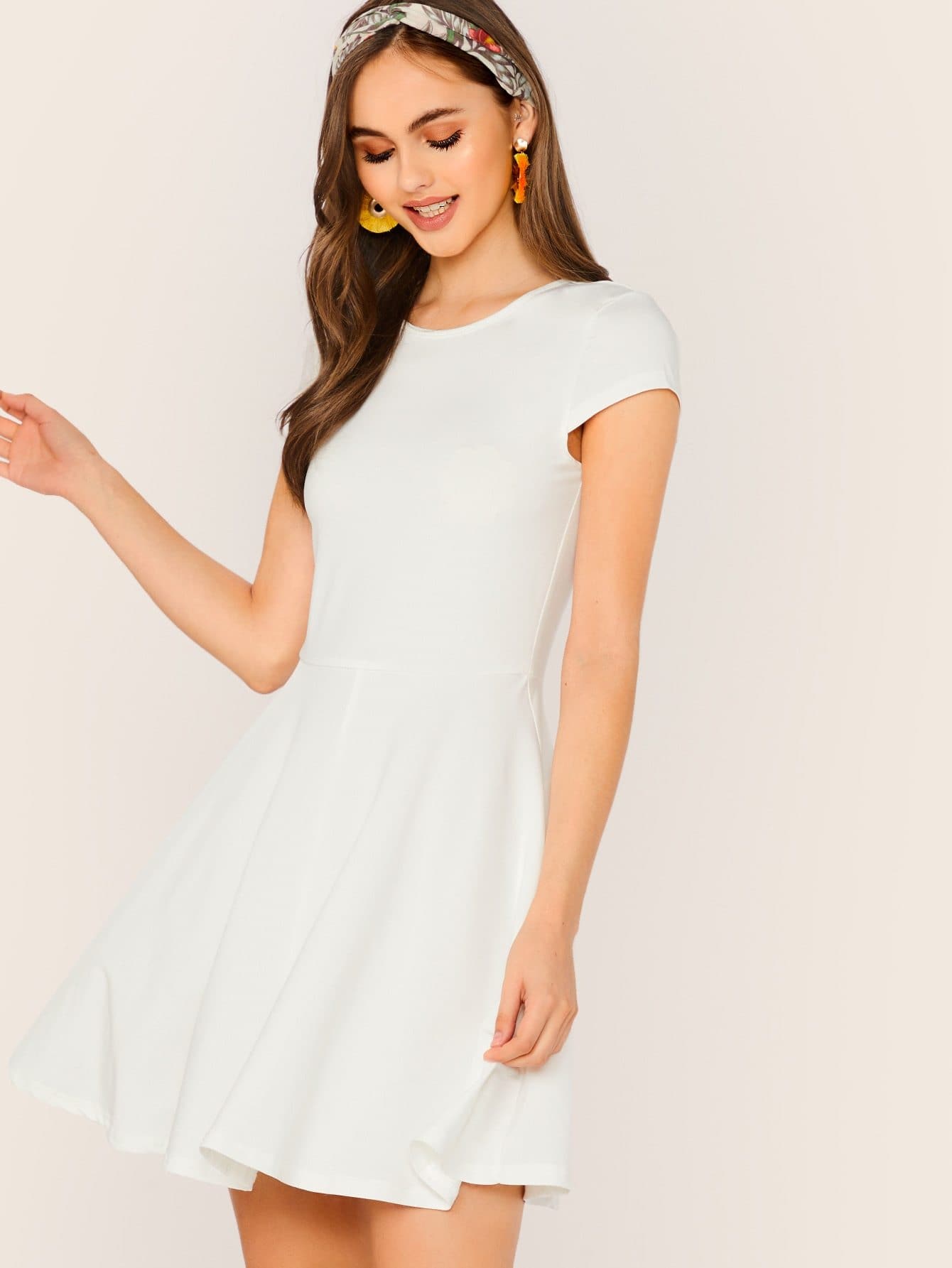 Round Neck High Waist V Back Cap Sleeve Fit & Flare Dress