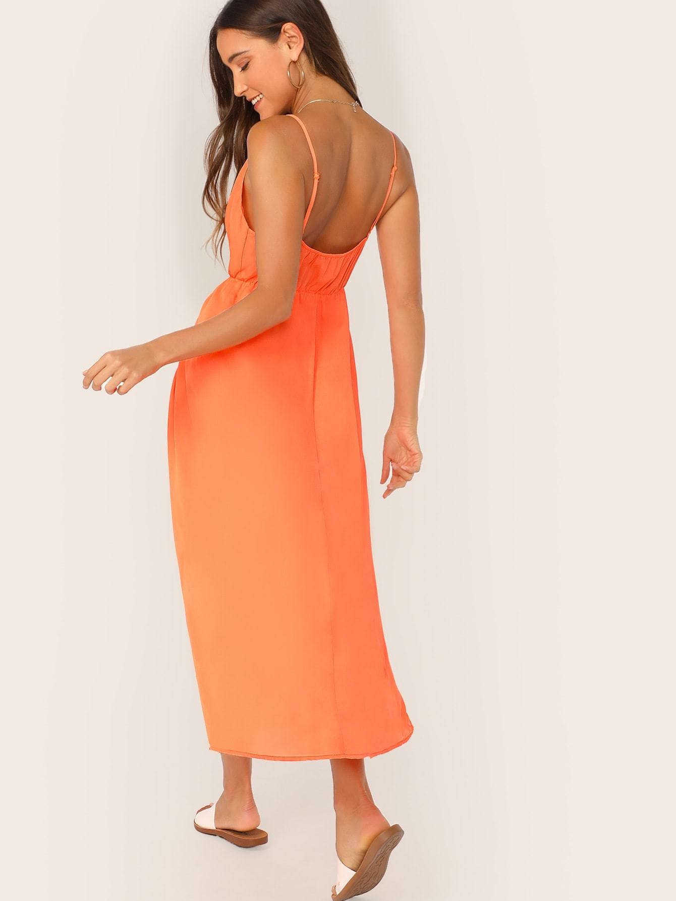 Neon Orange Sleeveless Spaghetti Strap Plunging Neck Wrap Slip Dress