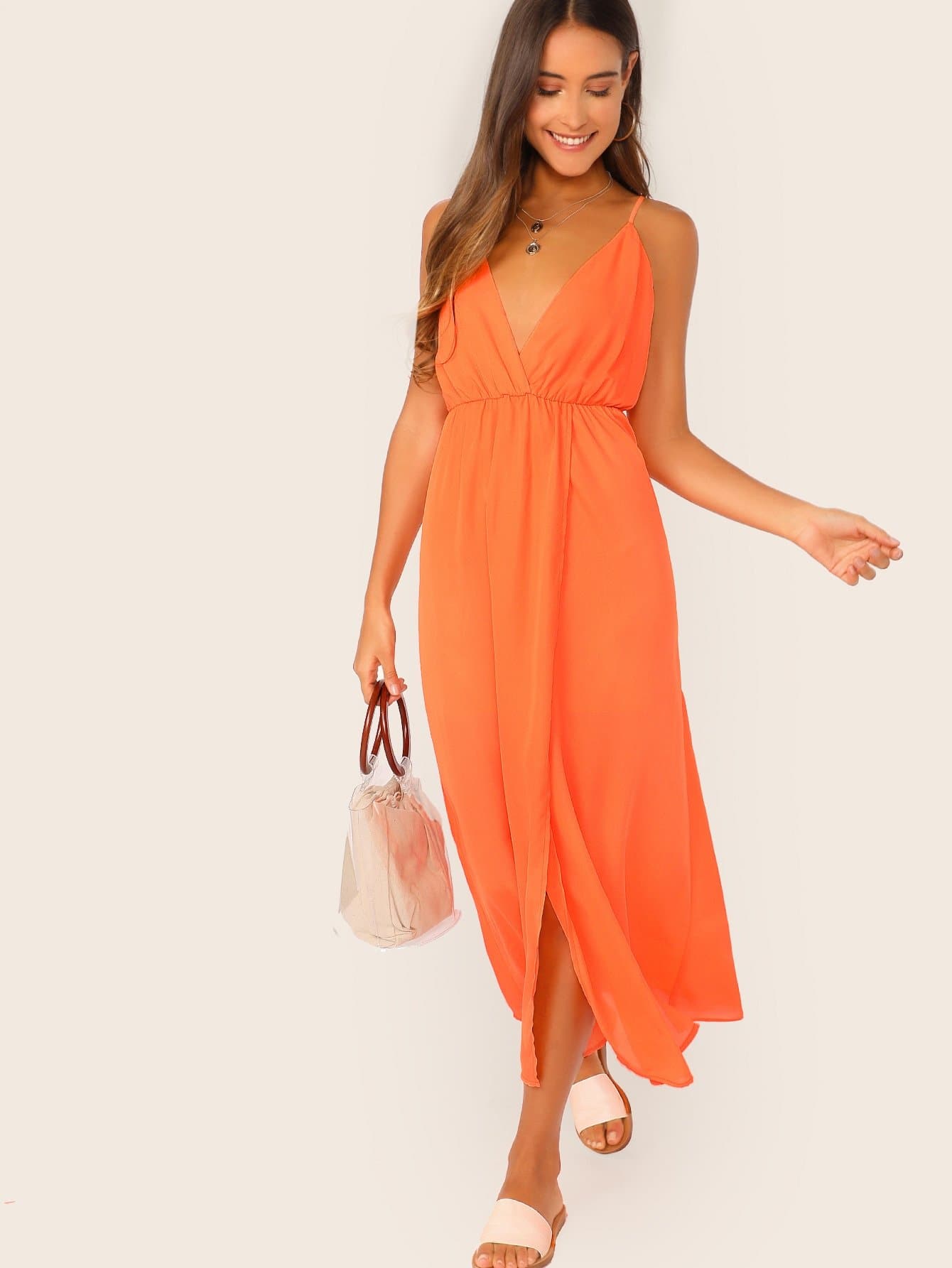 Neon Orange Sleeveless Spaghetti Strap Plunging Neck Wrap Slip Dress