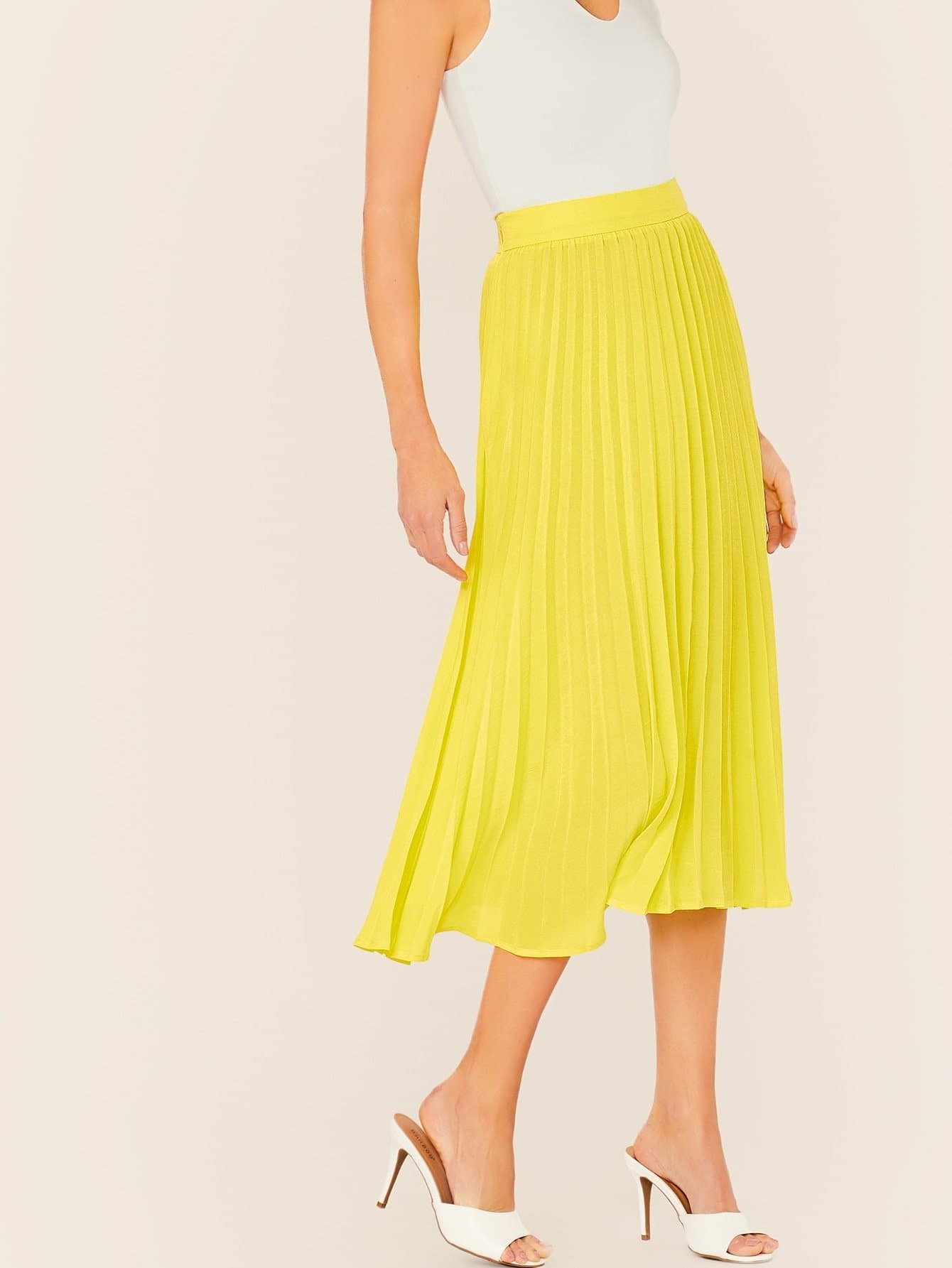 Neon Yellow High Waist Pleated Skirt