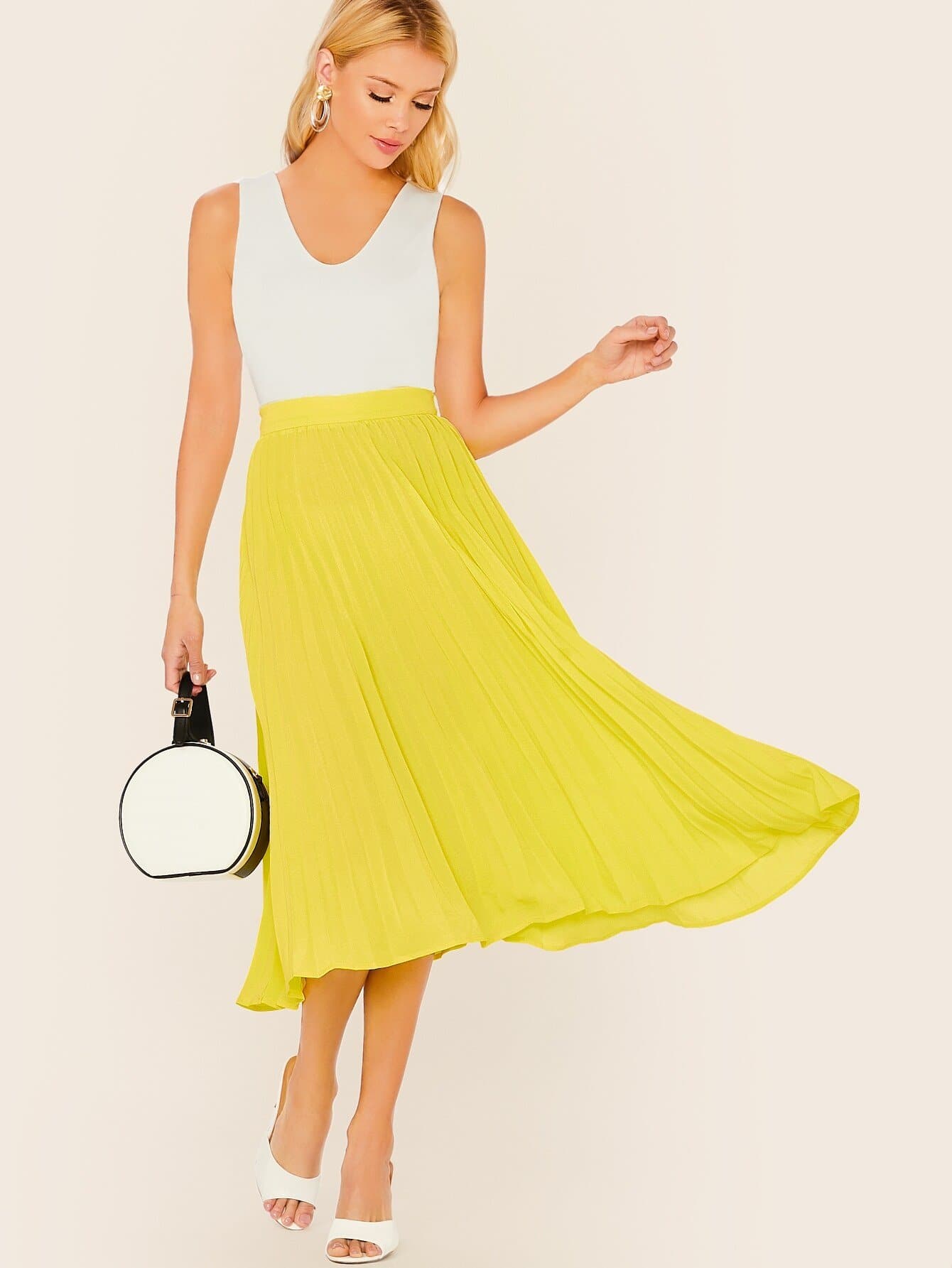 Neon Yellow High Waist Pleated Skirt