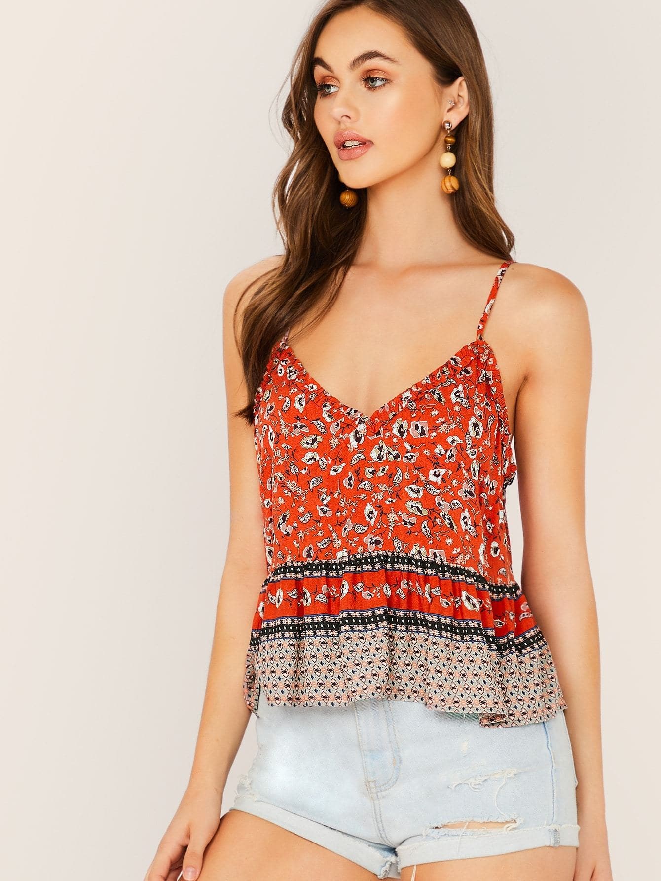 Regular Fit V-Neck Peplum Hem Spaghetti Strap Floral Tank Top