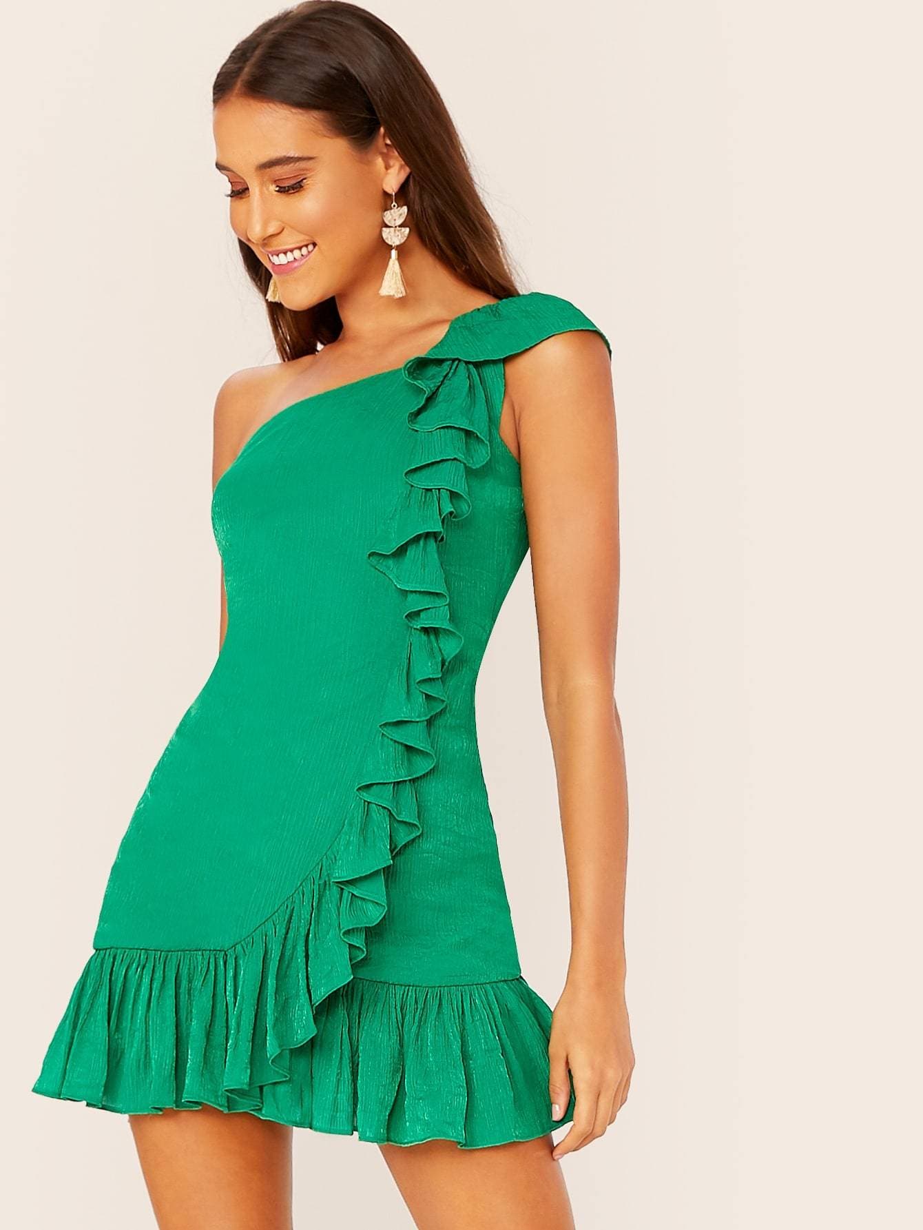 Green Sleeveless One Shoulder Ruffle Trim Smocked Mini Dress