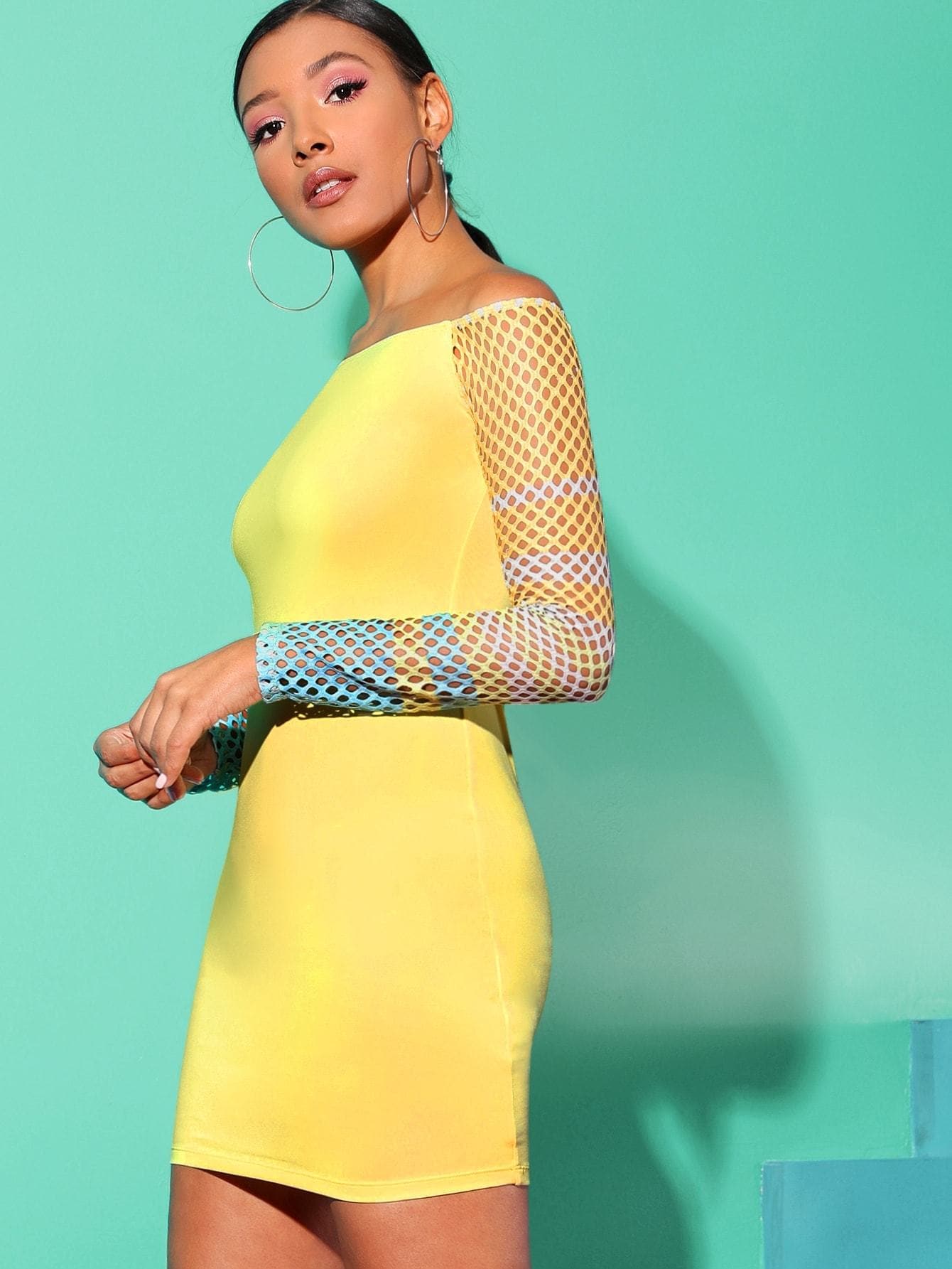 Yellow Long Sleeve Off Shoulder Fishnet Mesh Sleeve Bodycon Pencil Dress