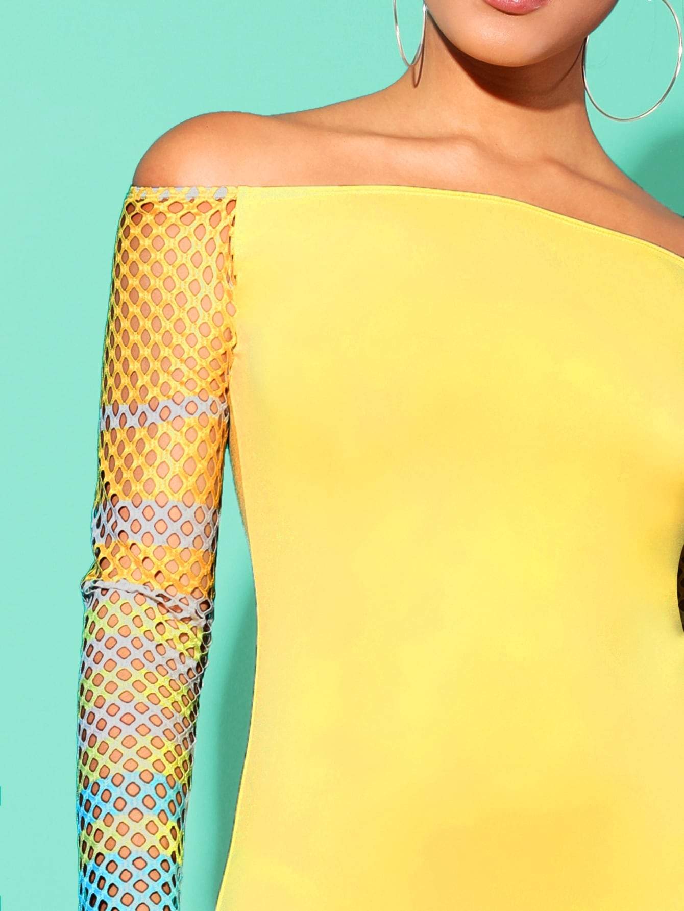 Yellow Long Sleeve Off Shoulder Fishnet Mesh Sleeve Bodycon Pencil Dress
