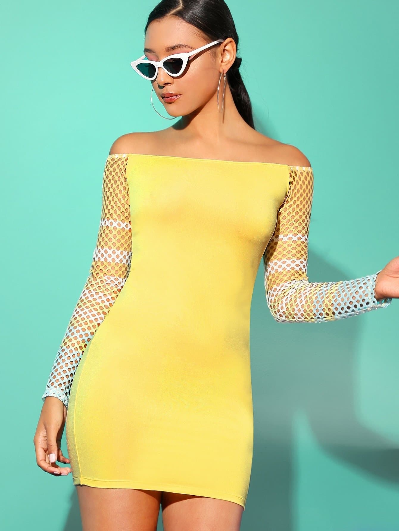 Yellow Long Sleeve Off Shoulder Fishnet Mesh Sleeve Bodycon Pencil Dress